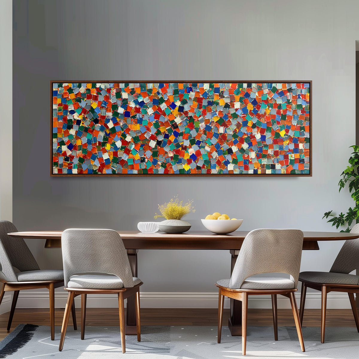 Colorful confetti mosaic squares long horizontal canvas print above a dining table