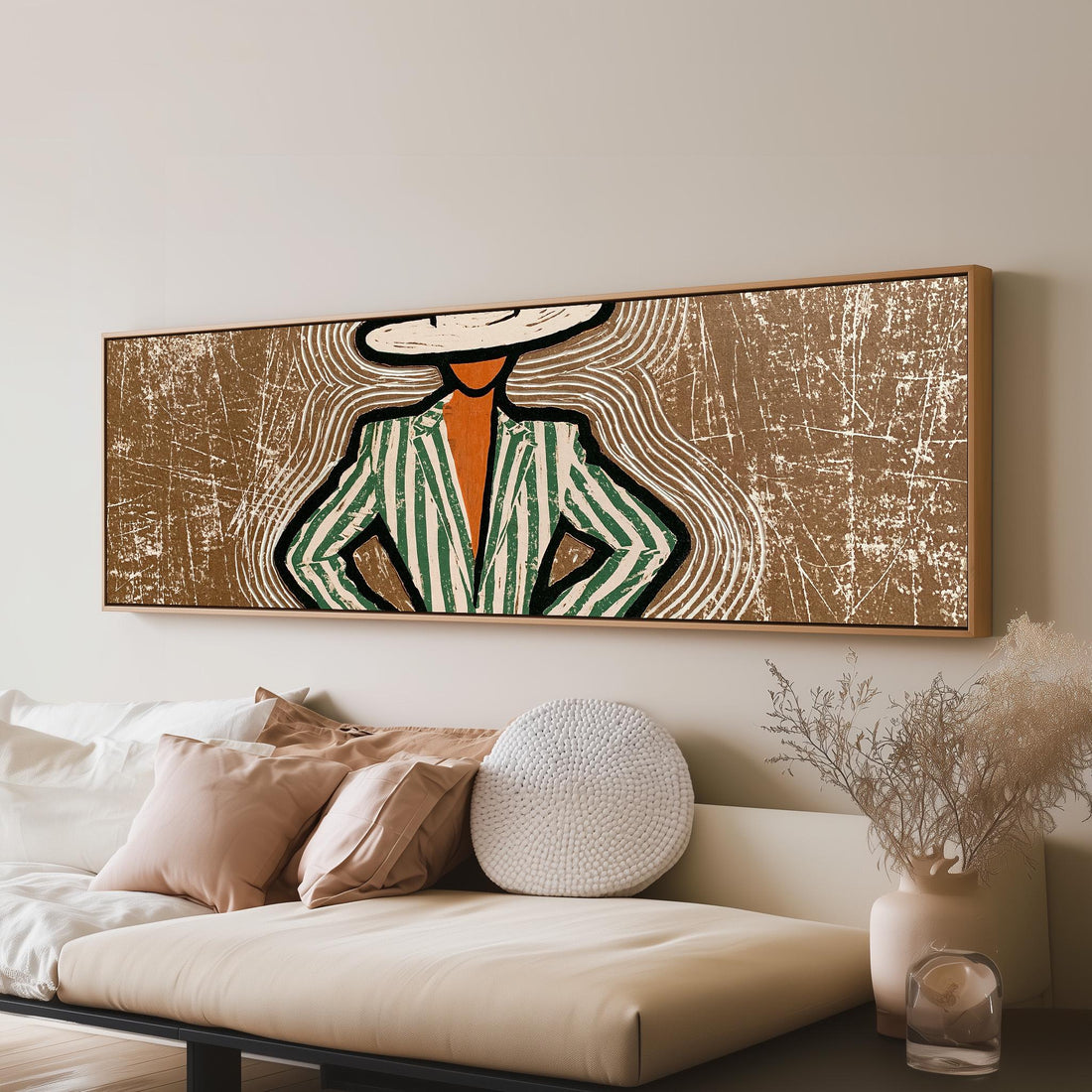 Folk portrait in a green striped suit long horizontal canvas print above a sofa in a living room