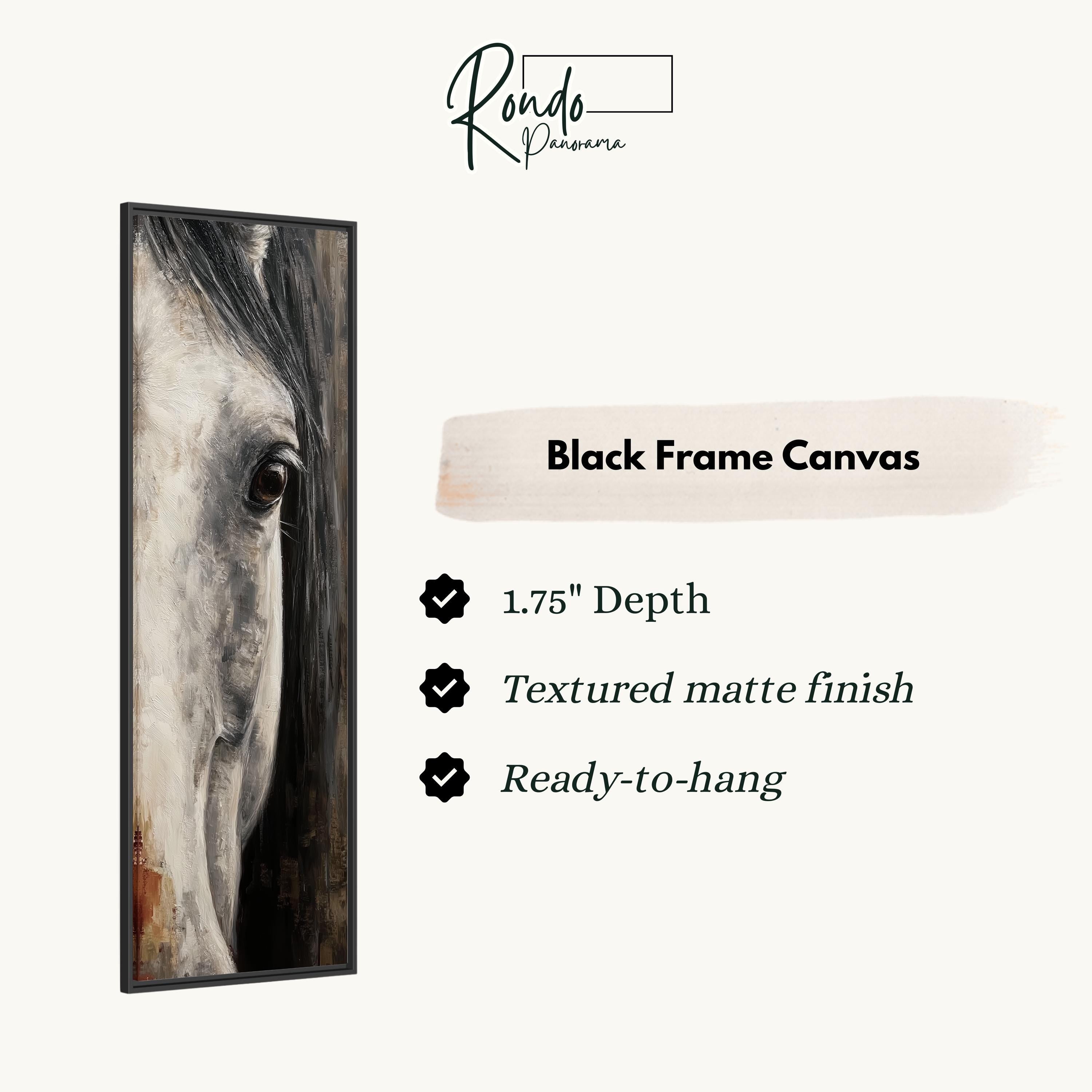 The image is a black frame canvas depicting a close-up of a horse's eye.