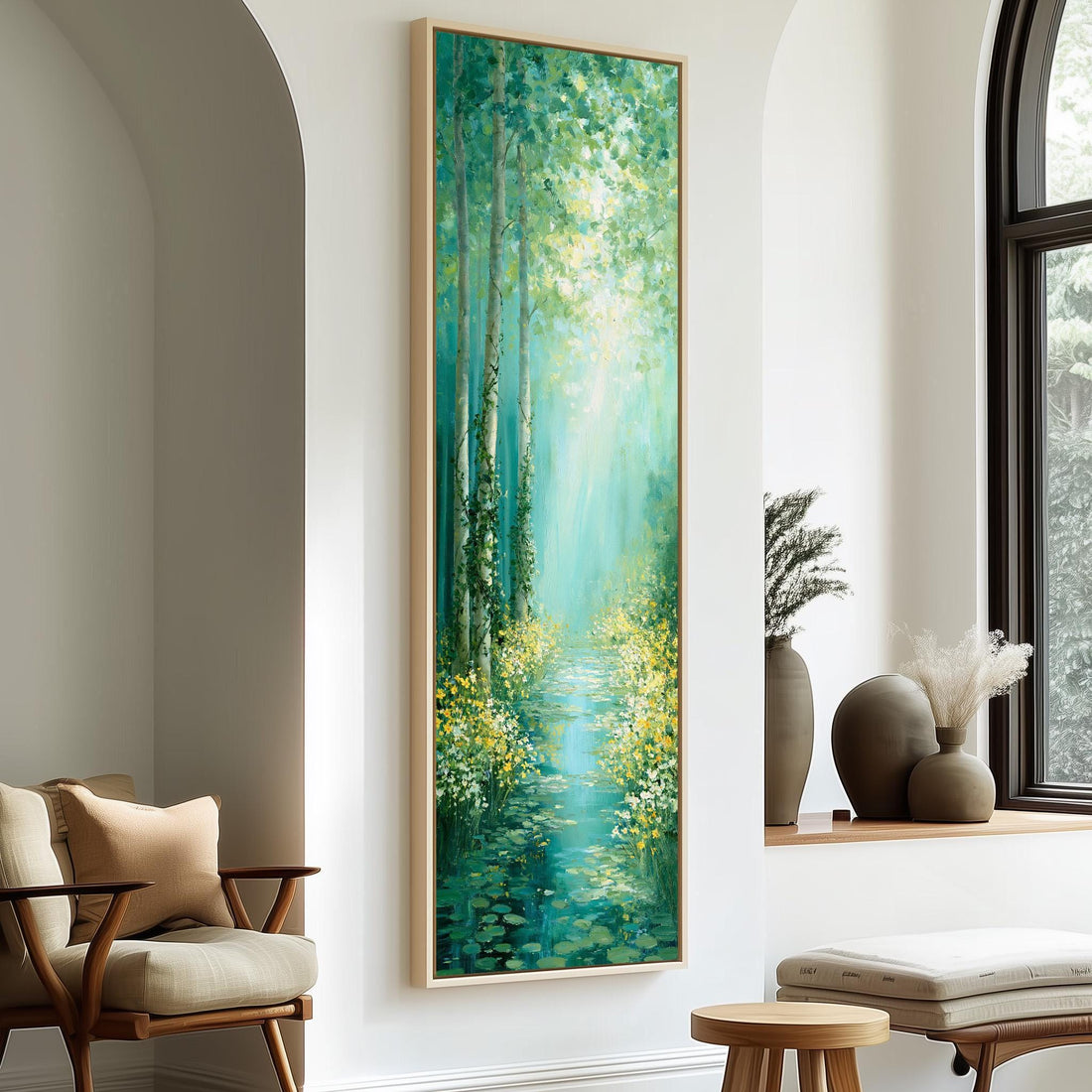Sunlit stream through a teal forest long vertical canvas print in a sunlit living space