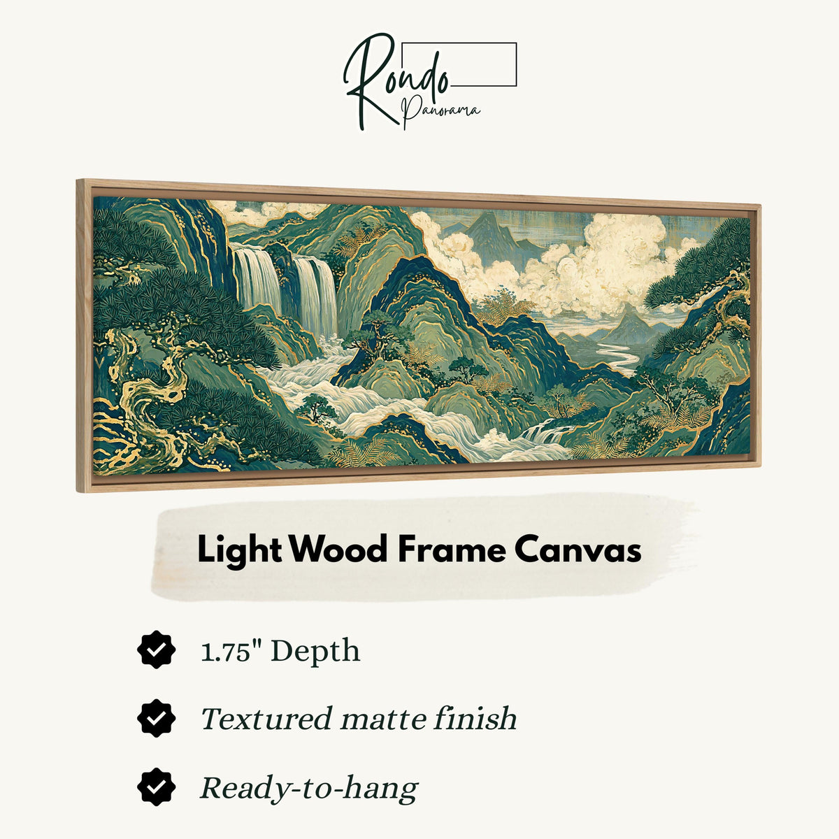 Emerald waterfall mountains with gold lines canvas print in a light wood floating frame