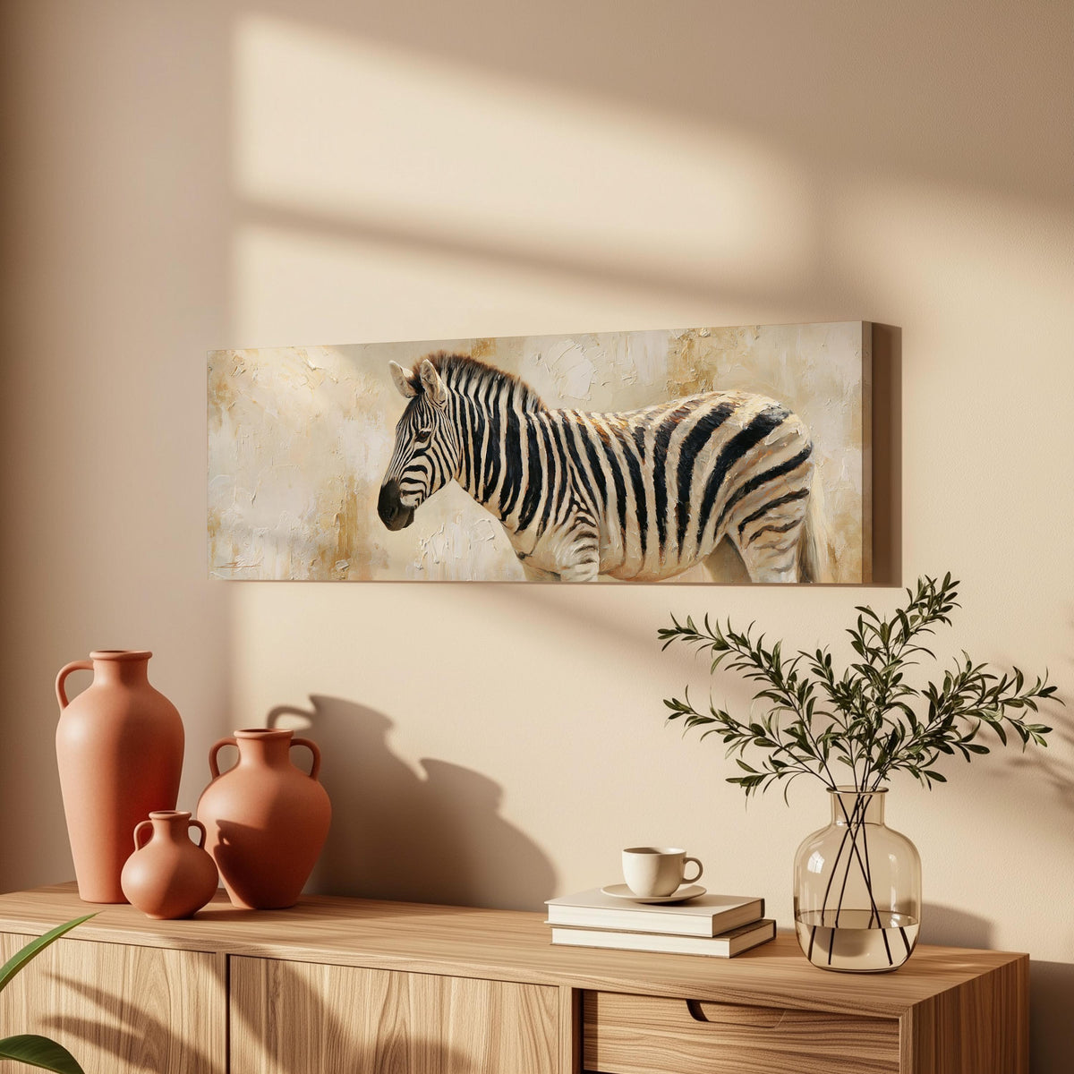 Zebra on a sandy textured background long horizontal canvas print above a wooden sideboard