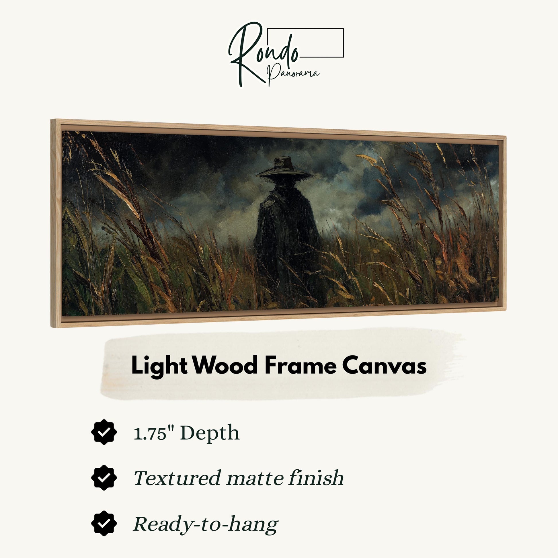 The image is a painting of a person in a hat standing in a field of tall grass.