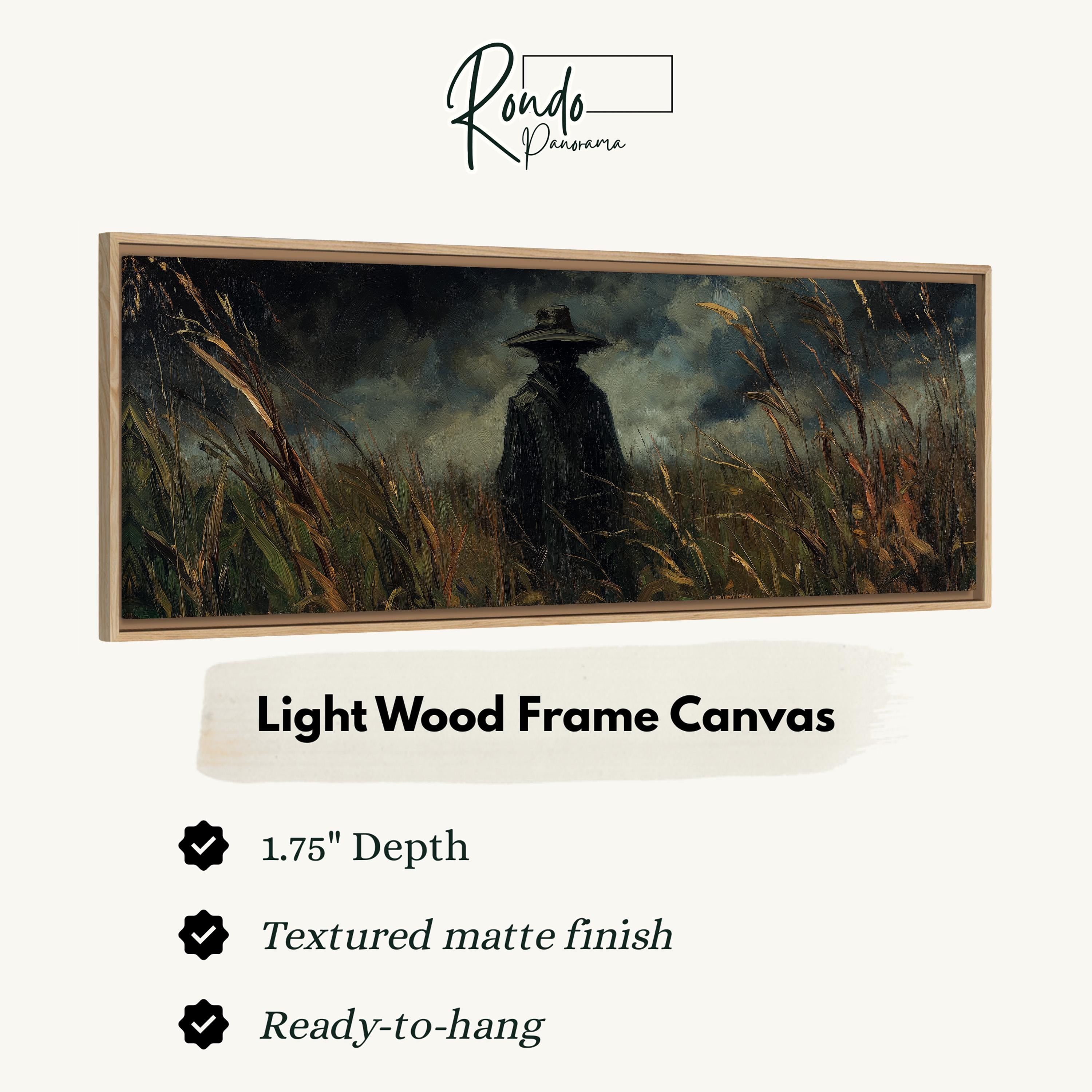 The image is a painting of a person in a hat standing in a field of tall grass.