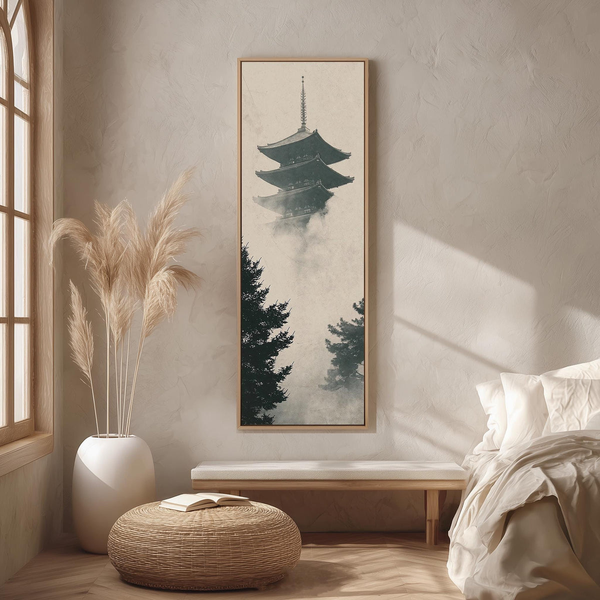 Pagoda rising through fog and pines long vertical canvas print in a bright reading corner
