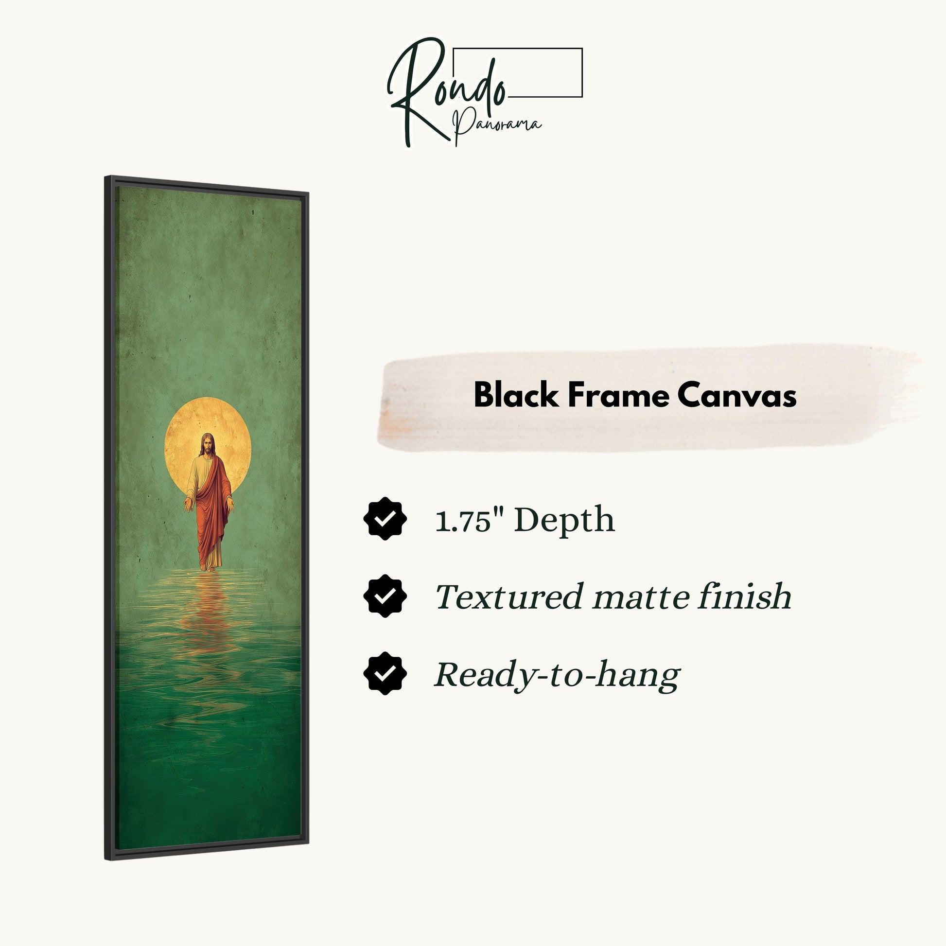 The image is a black frame canvas depicting a painting of Jesus walking on water.
