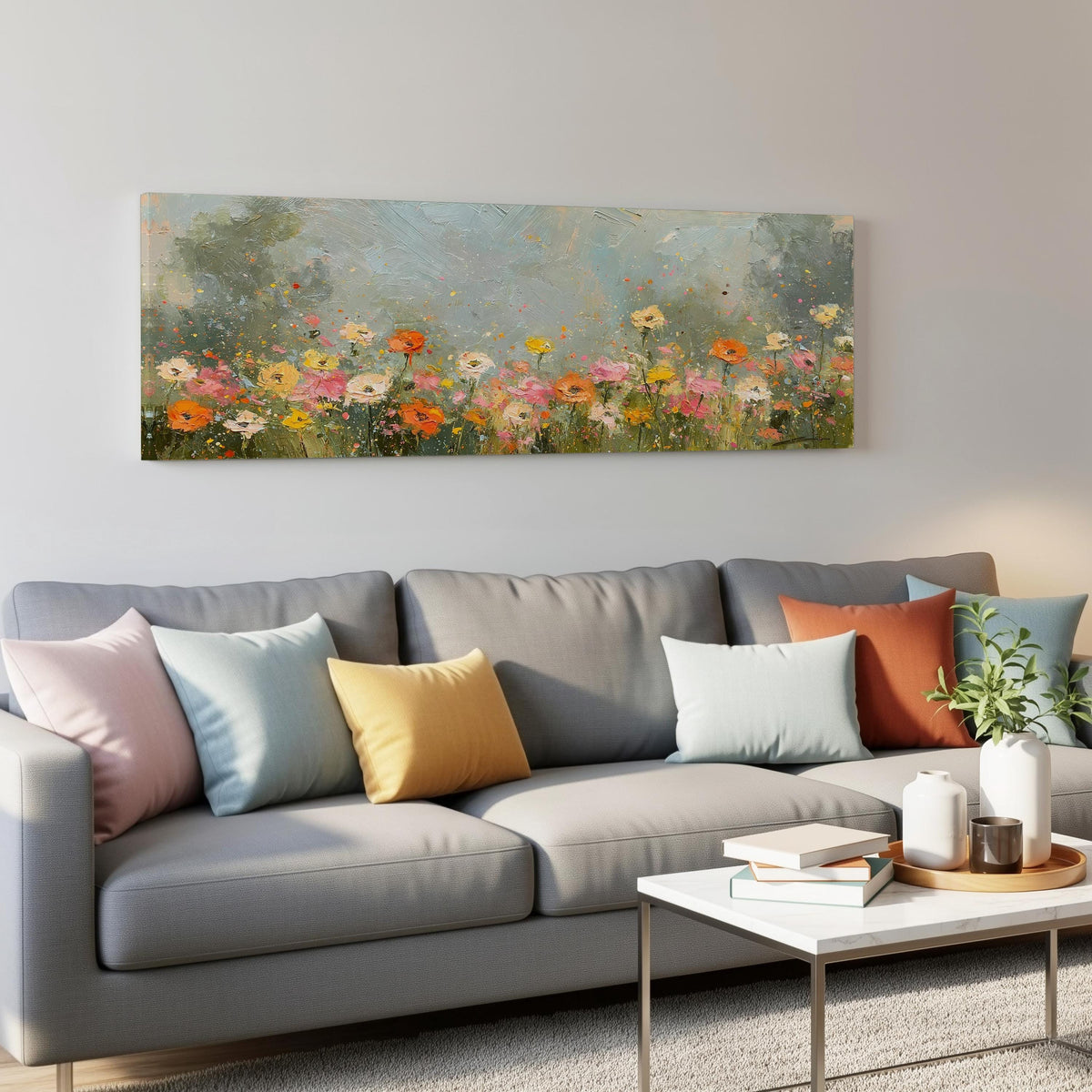 Impressionist wildflower meadow panoramic canvas print above a grey sofa in a living room