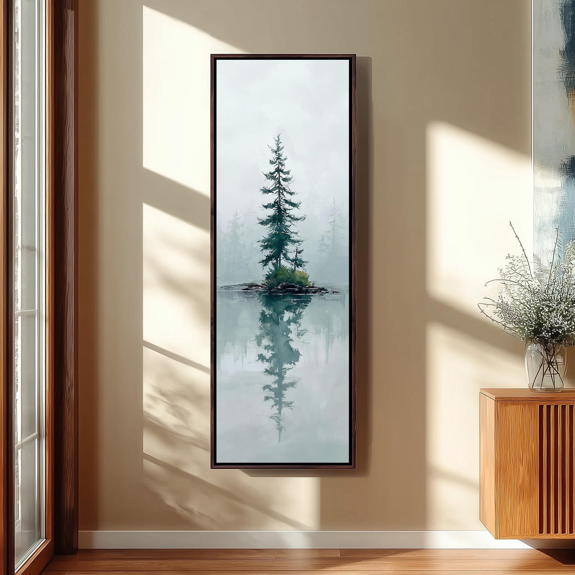 a tall, green pine tree reflected in a body of water, creating a serene and tranquil atmosphere.
