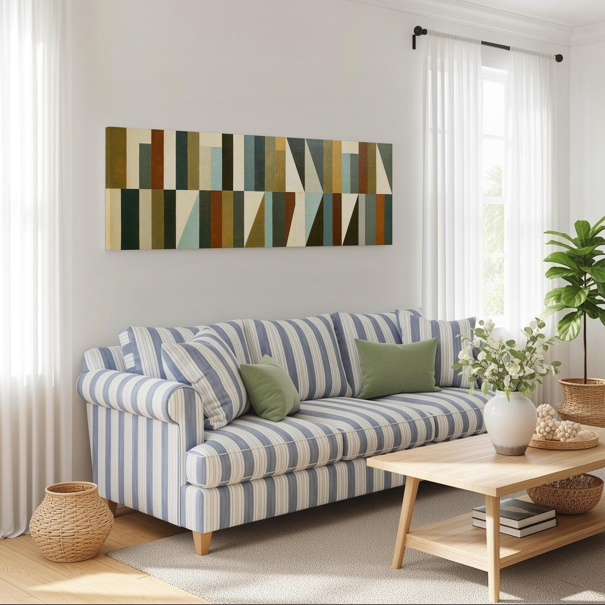 Earth tone geometric triangles long horizontal canvas print above a striped sofa in a coastal living room