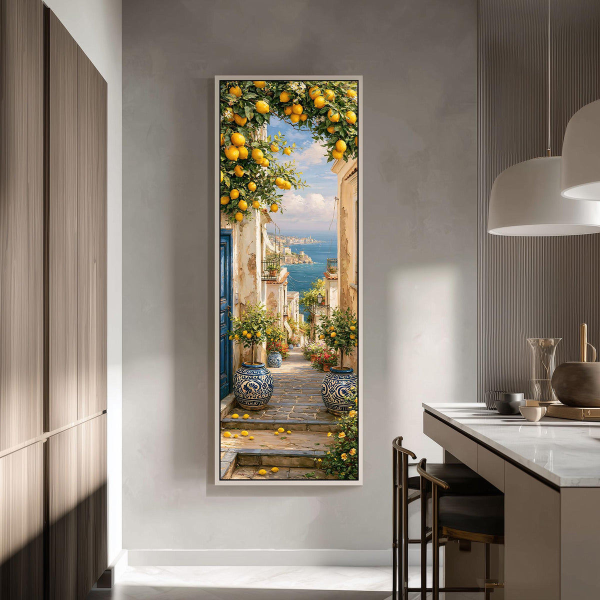 Lemon tree alley leading to the sea tall skinny canvas print in a modern kitchen