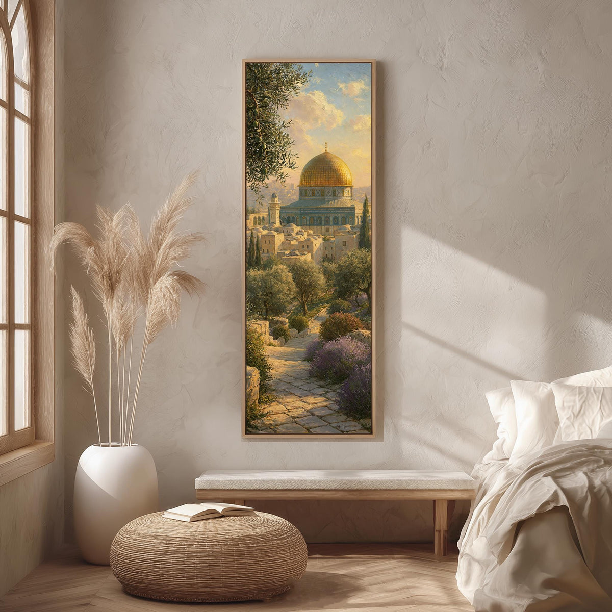 Garden path leading to the golden Dome of the Rock long vertical canvas print in a bright reading corner