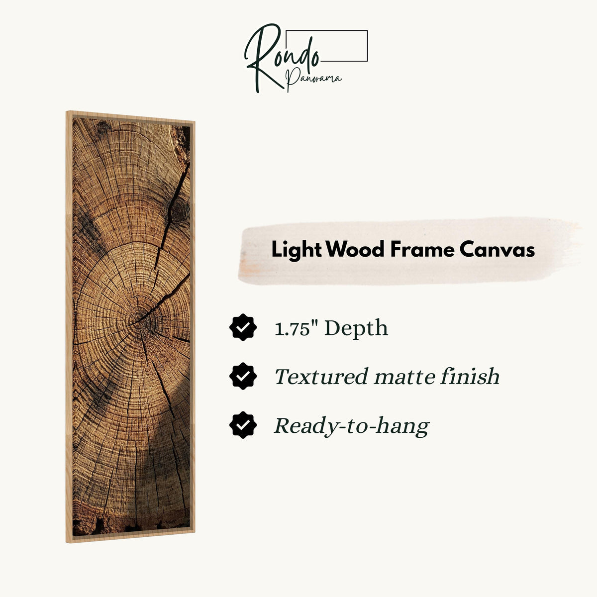 Weathered tree rings canvas print in a light wood floating frame