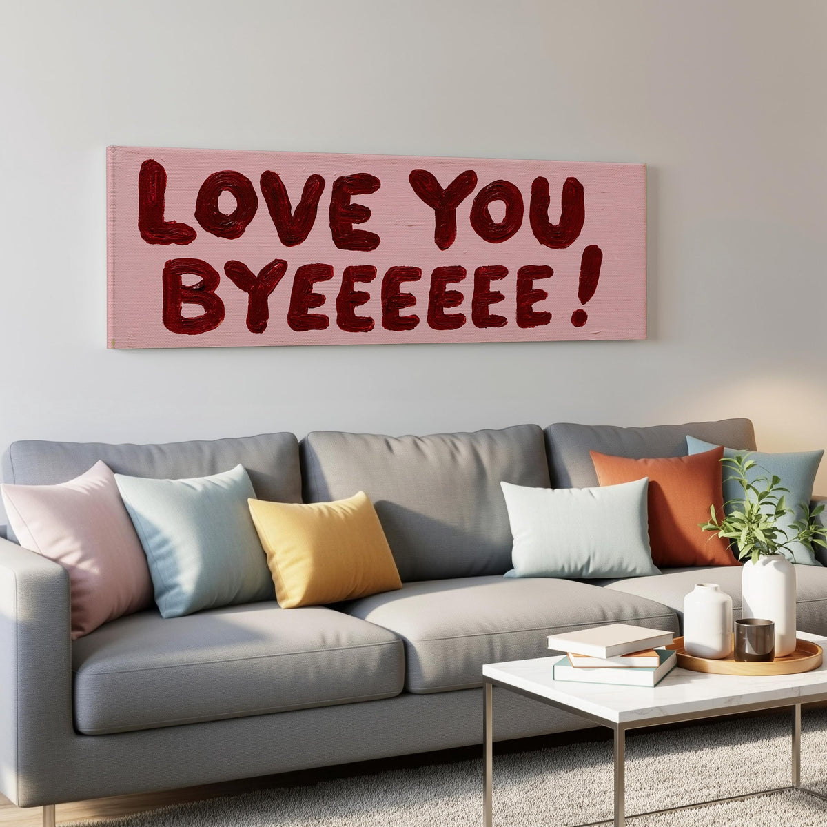 Love you byeeeee retro quote panoramic canvas print above a grey sofa in a living room