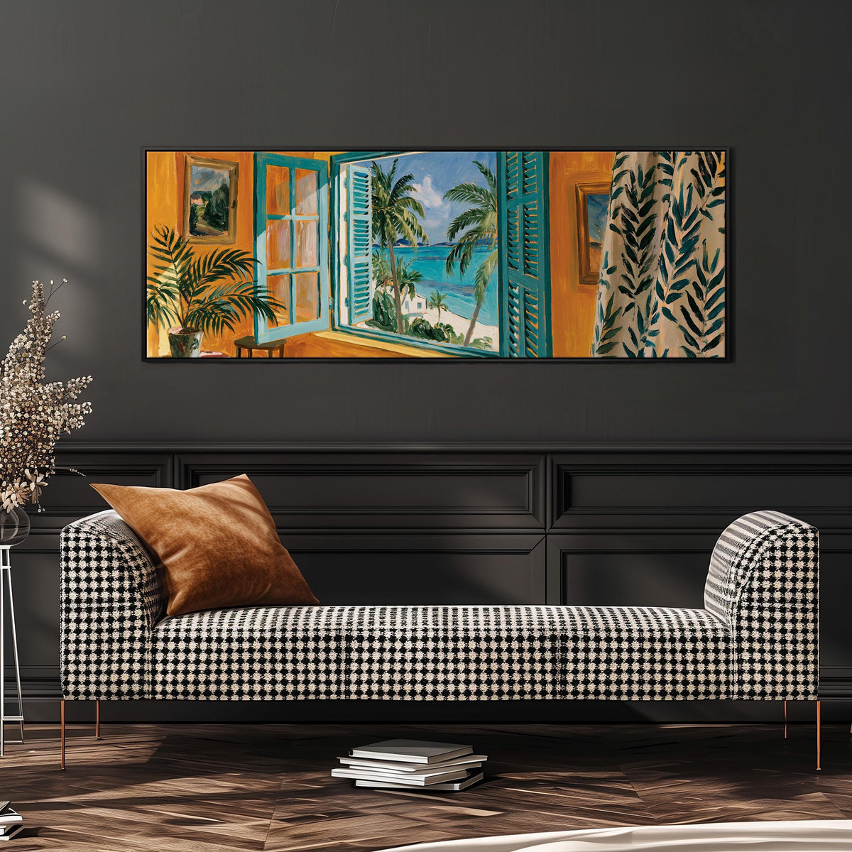 Beach house window overlooking palms and sea wide panoramic canvas print above a bench in a dark living room