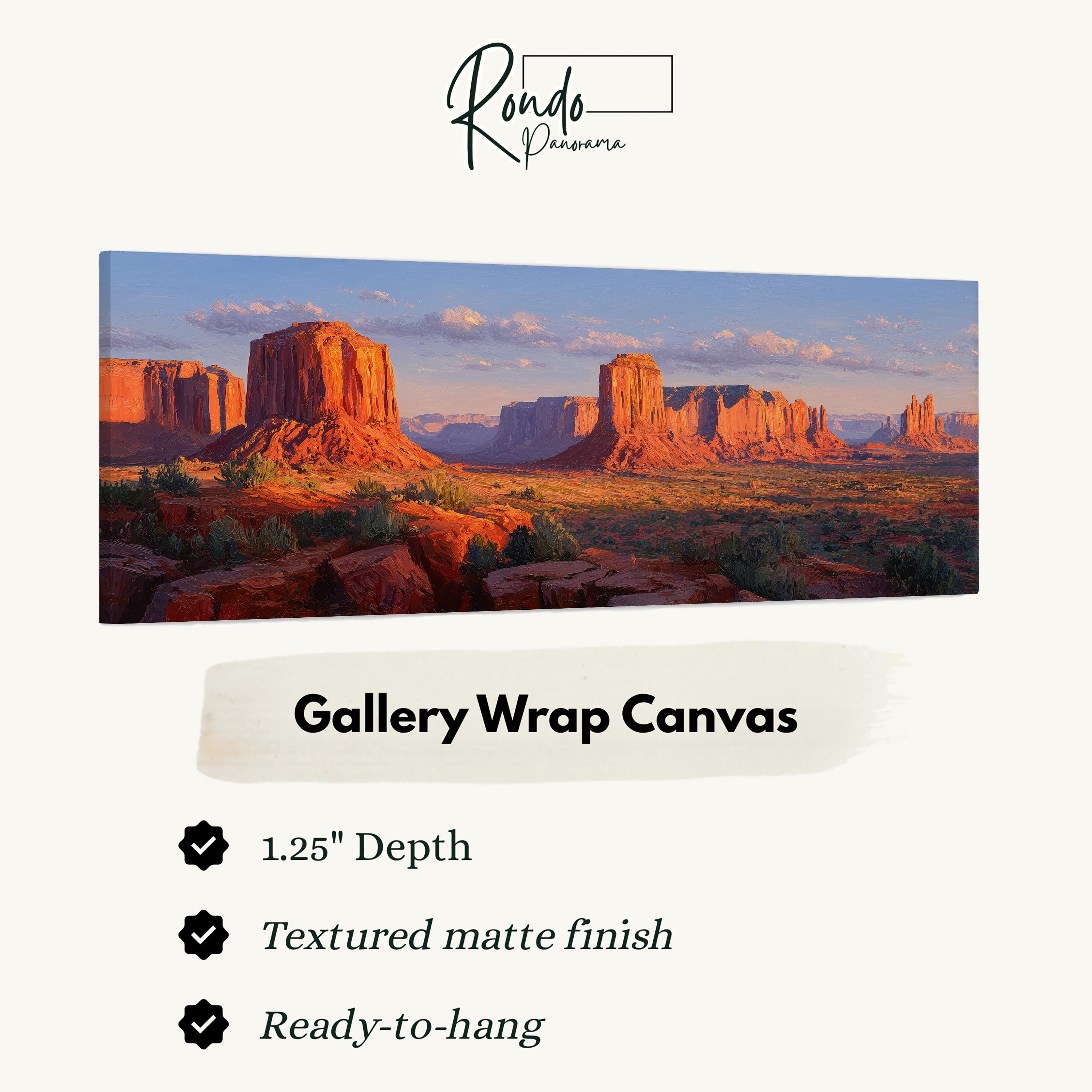 A large, panoramic landscape painting depicting a desert scene with towering red rock formations against a blue sky with clouds.