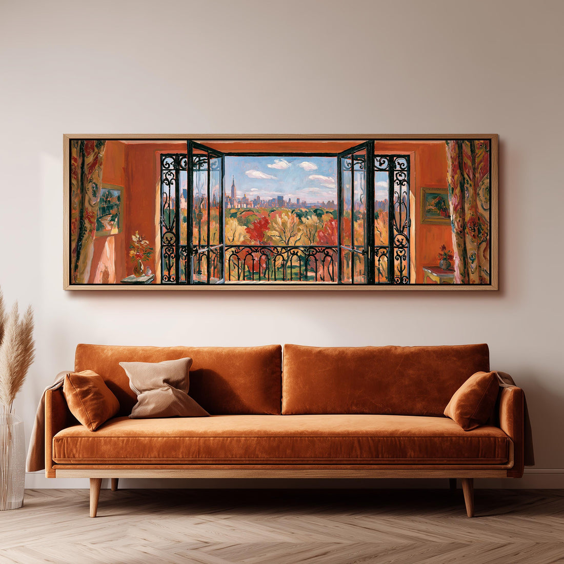 Central Park in autumn through an open window long horizontal canvas print above a sofa in a living room