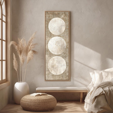 a serene and minimalist bedroom with a large circular artwork hanging on the wall, a white bed with a white pillow, a white ottoman, and a tall potted plant.