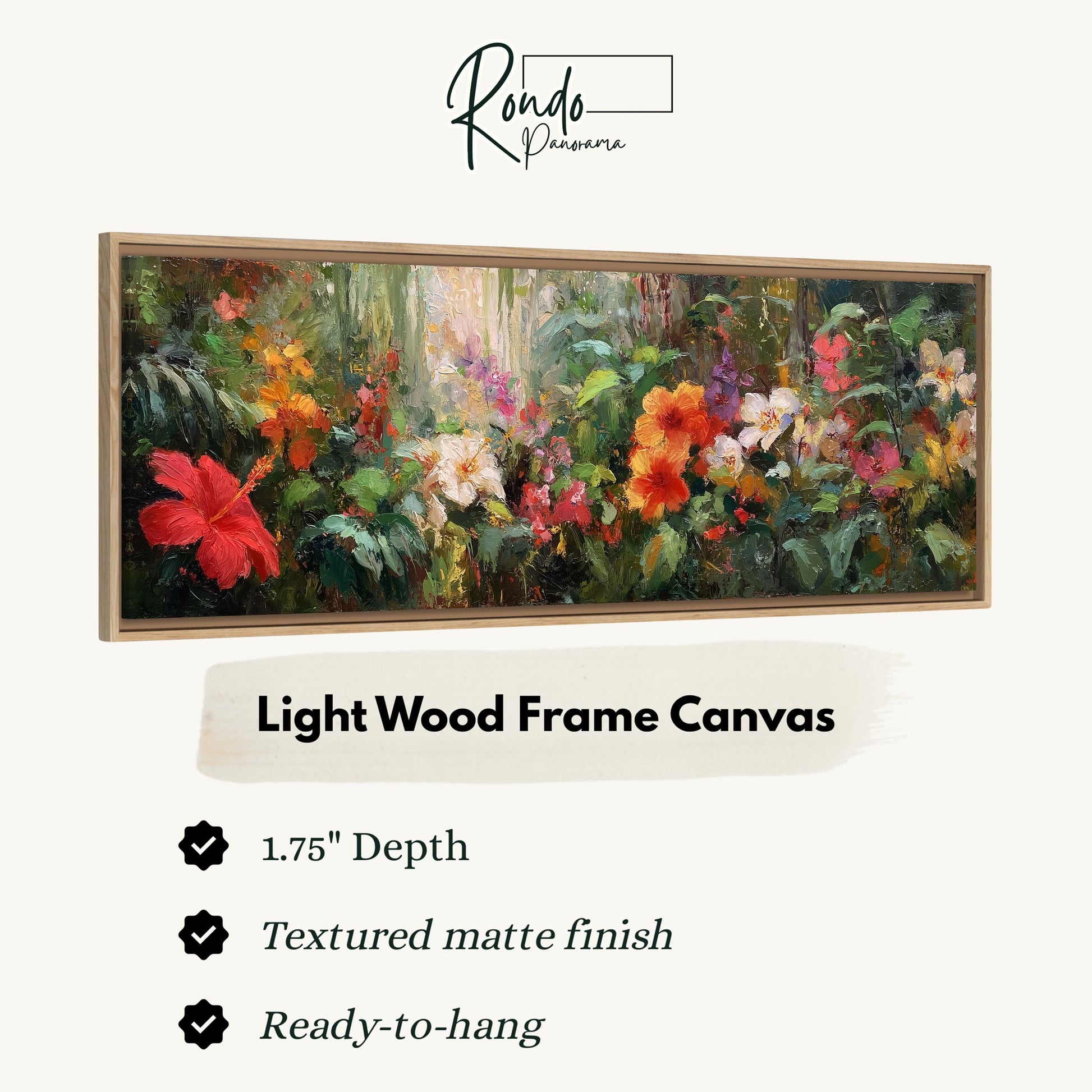 The image is a framed painting of a lush, colorful garden with various flowers and foliage.