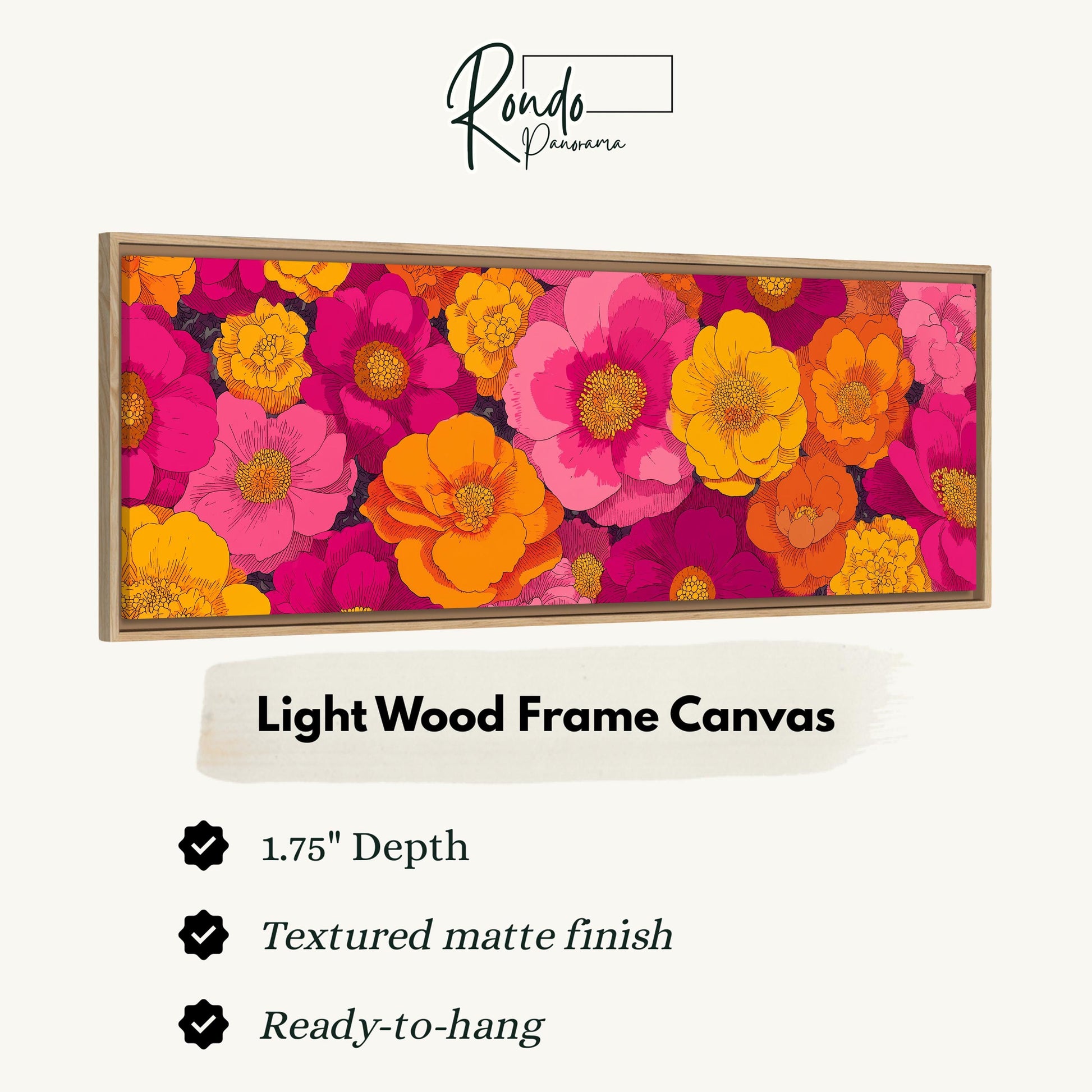 The image is a framed canvas depicting a vibrant and colorful floral arrangement, with a light wood frame.