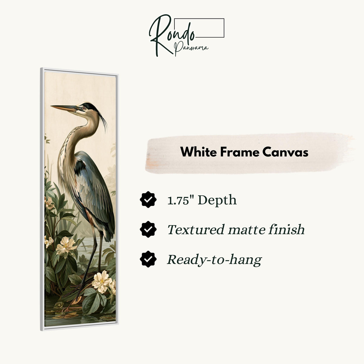 Blue heron among magnolia blooms canvas print in a white floating frame