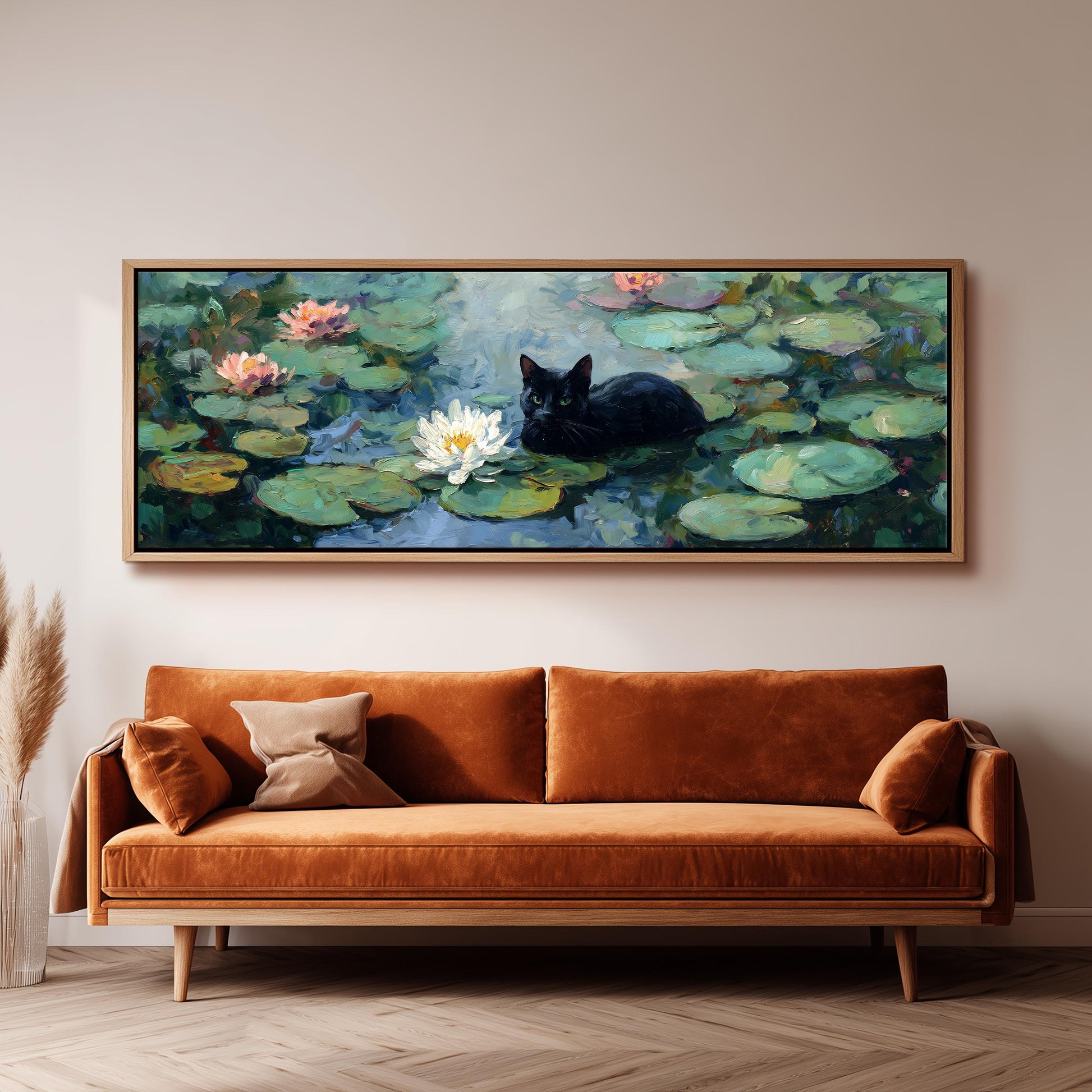 a large painting of a black cat sitting in a pond with lily pads, surrounded by a serene and peaceful atmosphere.