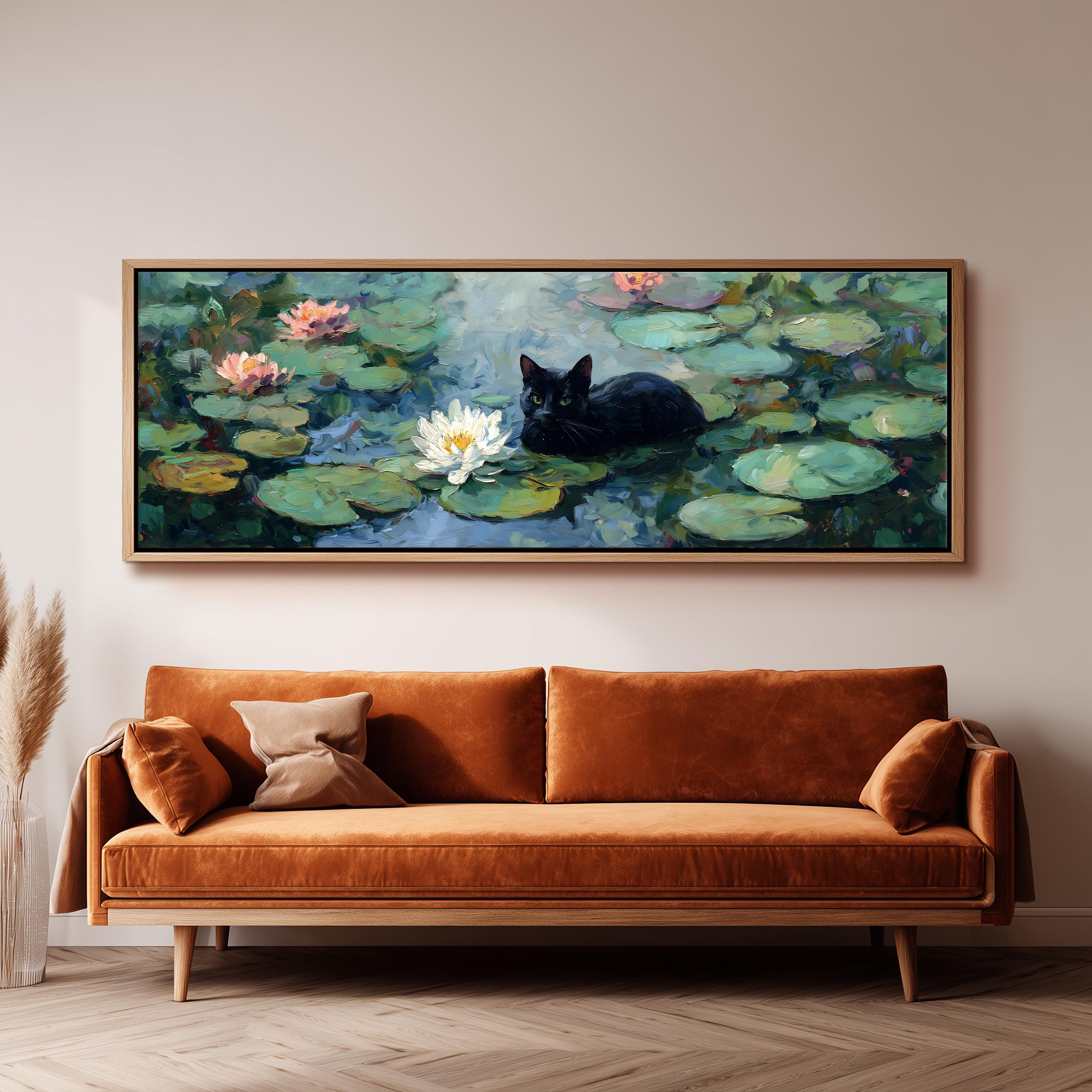a large painting of a black cat sitting in a pond with lily pads, surrounded by a serene and peaceful atmosphere.