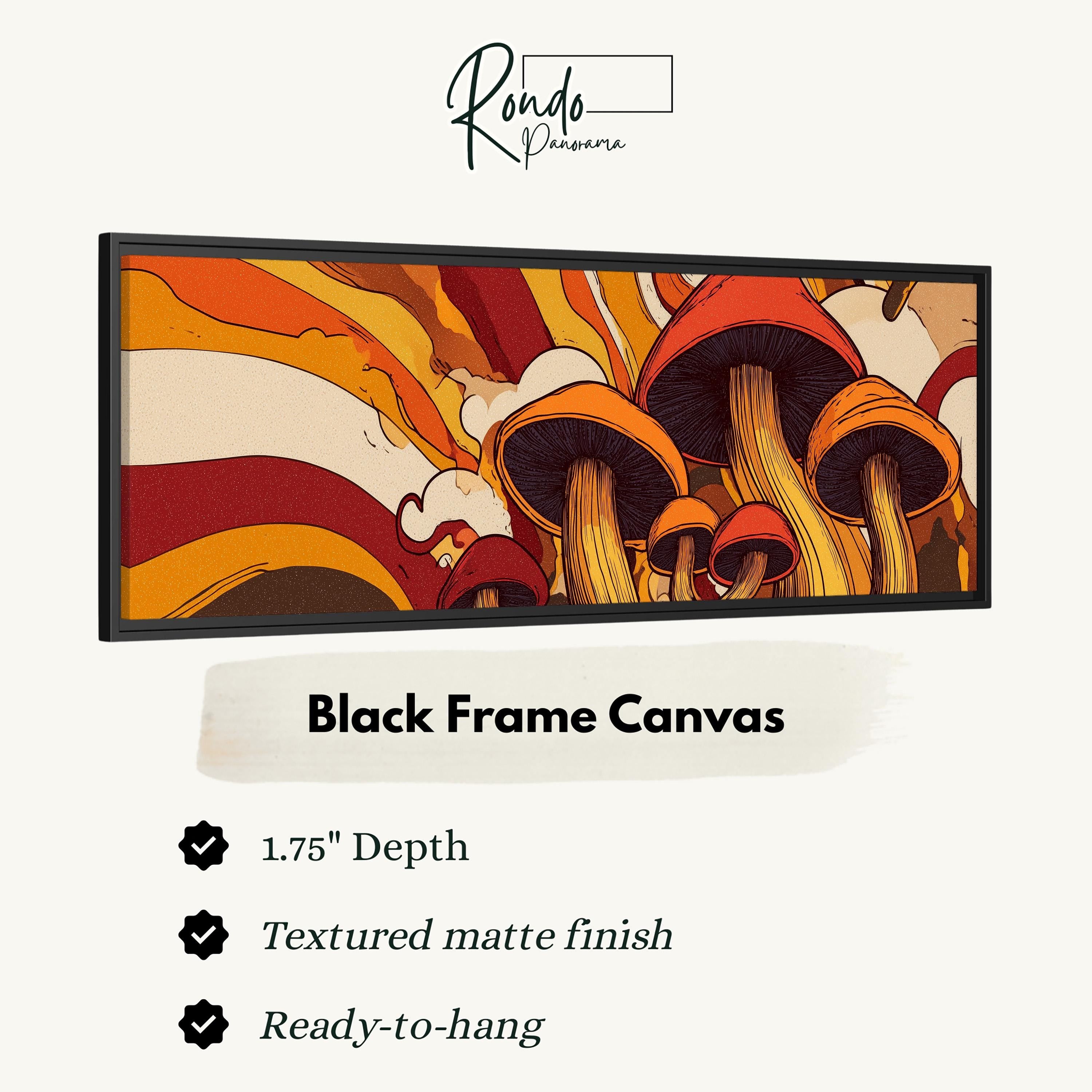 The image is a black frame canvas featuring a vibrant, mushroom-like design with orange and brown tones.
