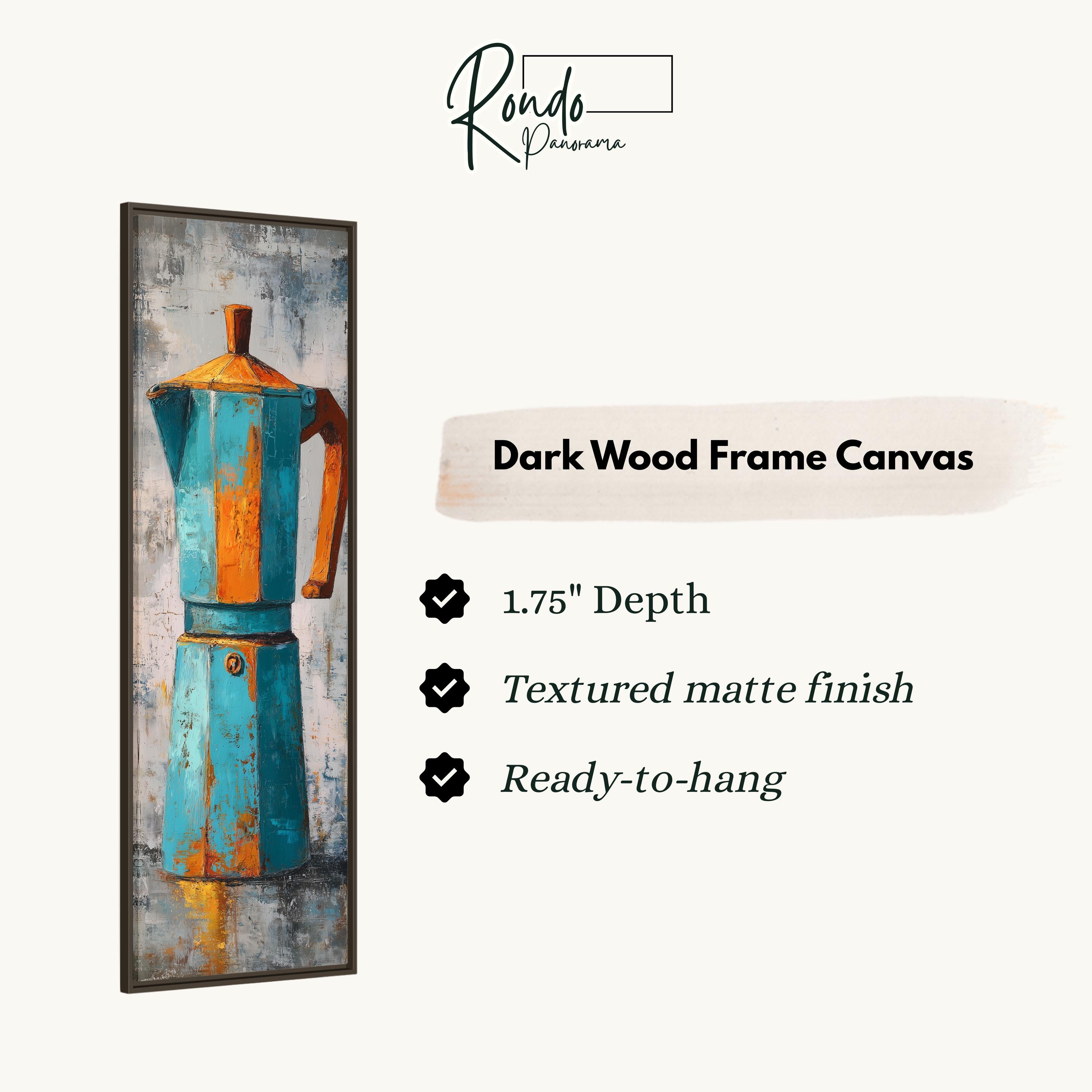 The image is a dark wood frame canvas featuring a blue and orange coffee maker.