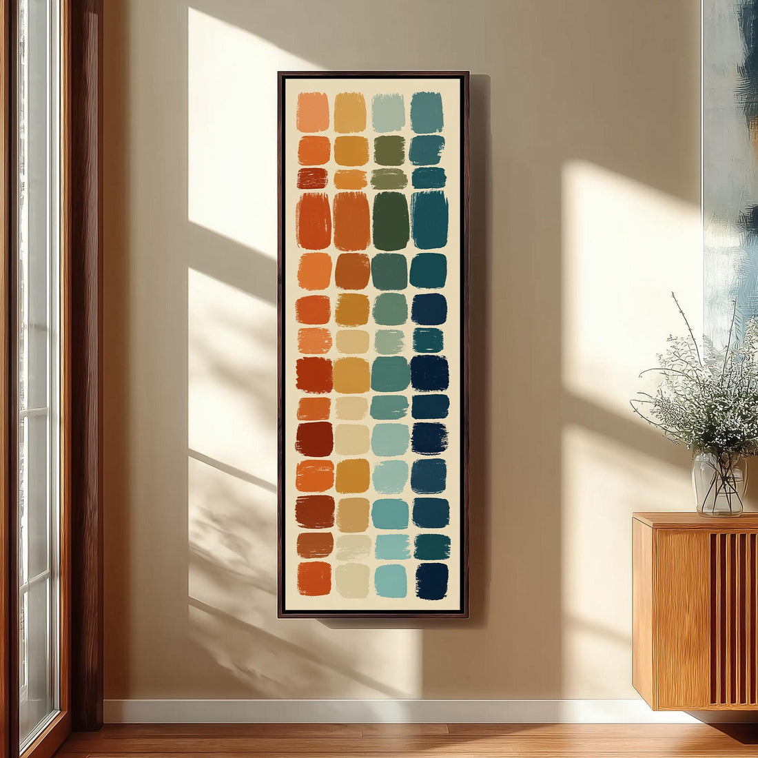 a hallway with a large abstract painting hanging on the wall, depicting a colorful arrangement of squares in various shades of orange, blue, green, and yellow. The hallway also includes a staircase, a bench, and a potted plant, creating a cozy and inviting atmosphere.