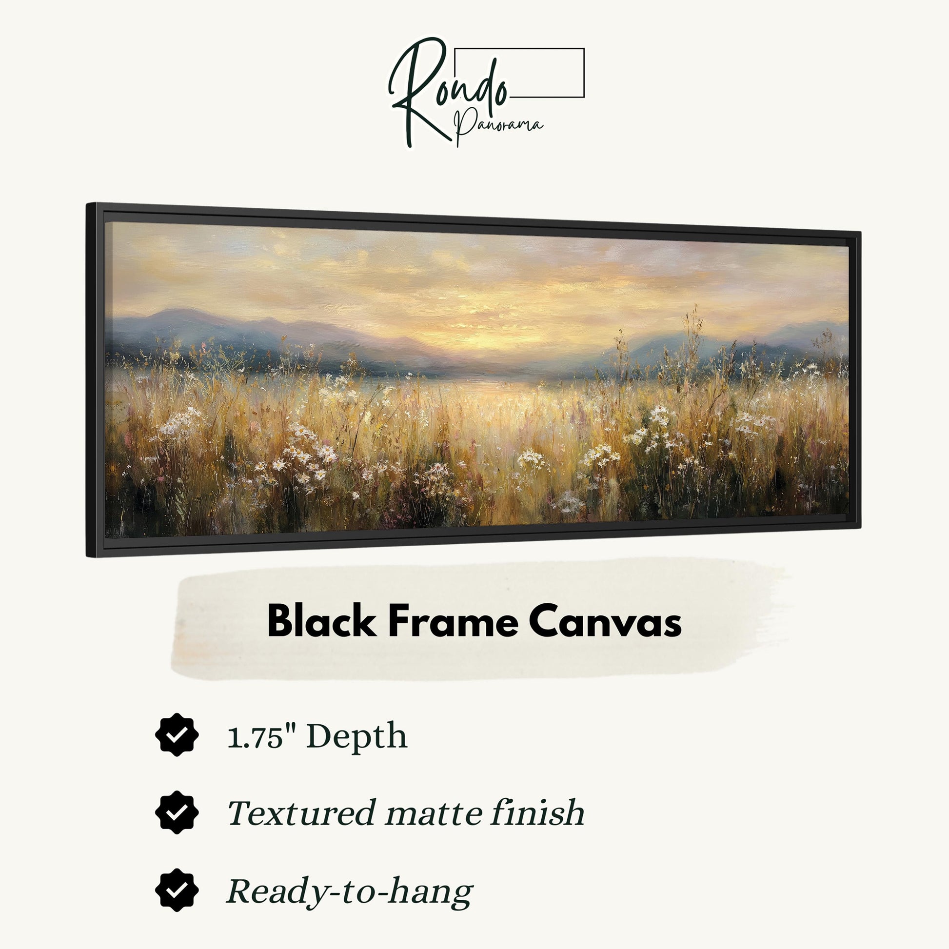 The image is a black frame canvas depicting a field of flowers with a sunset in the background.