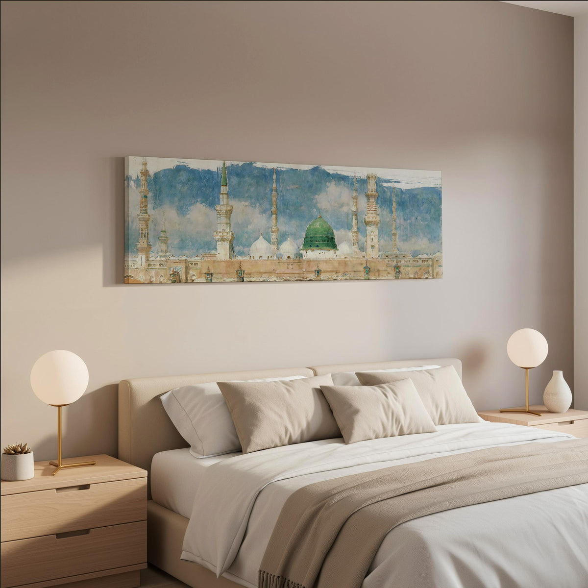 The green dome of the Prophet's Mosque in Medina wide panoramic canvas print above a bed in a neutral bedroom