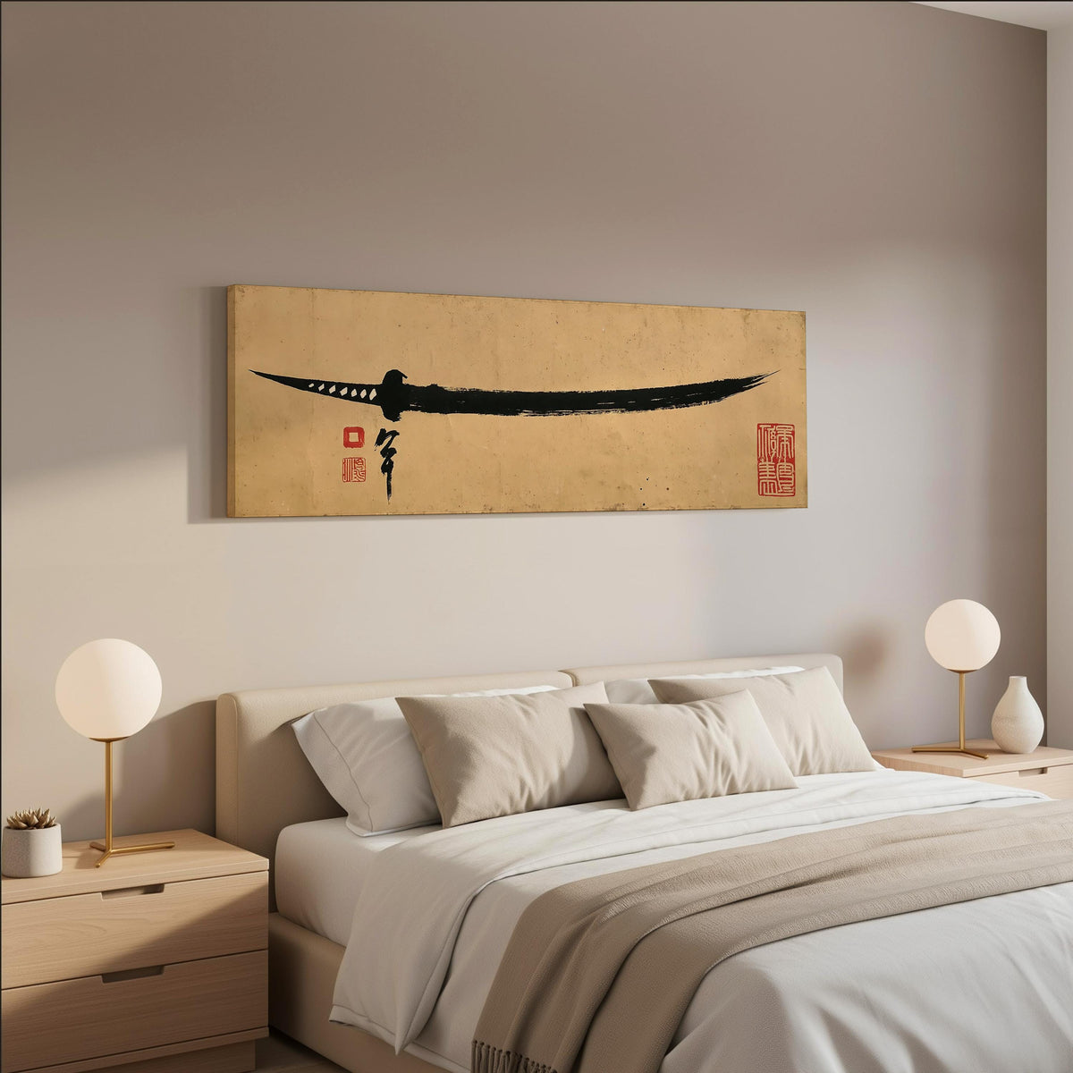 Ink brush katana wide panoramic canvas print above a bed in a neutral bedroom
