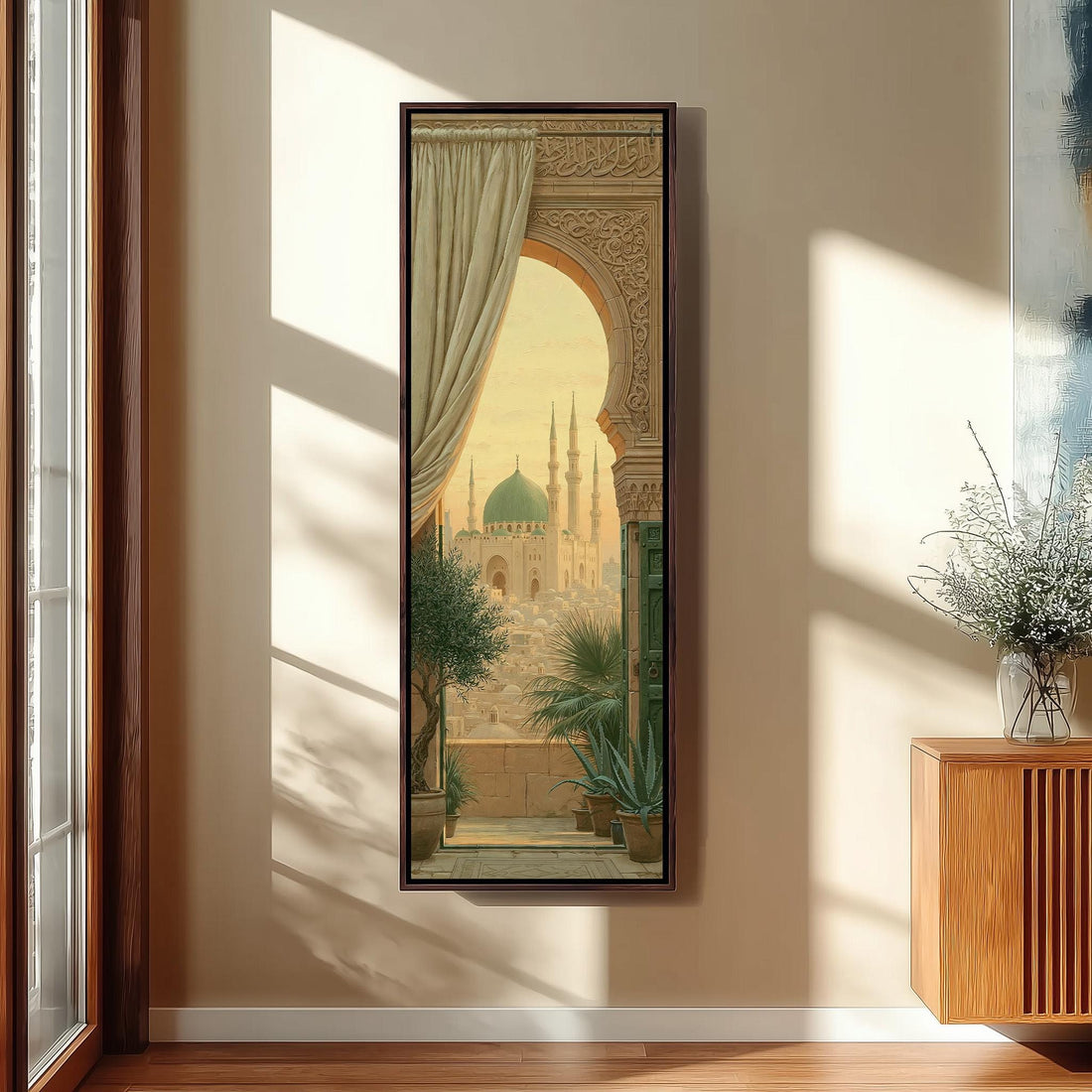 Mosque seen through an ornate arch long vertical canvas print in a sunlit living space