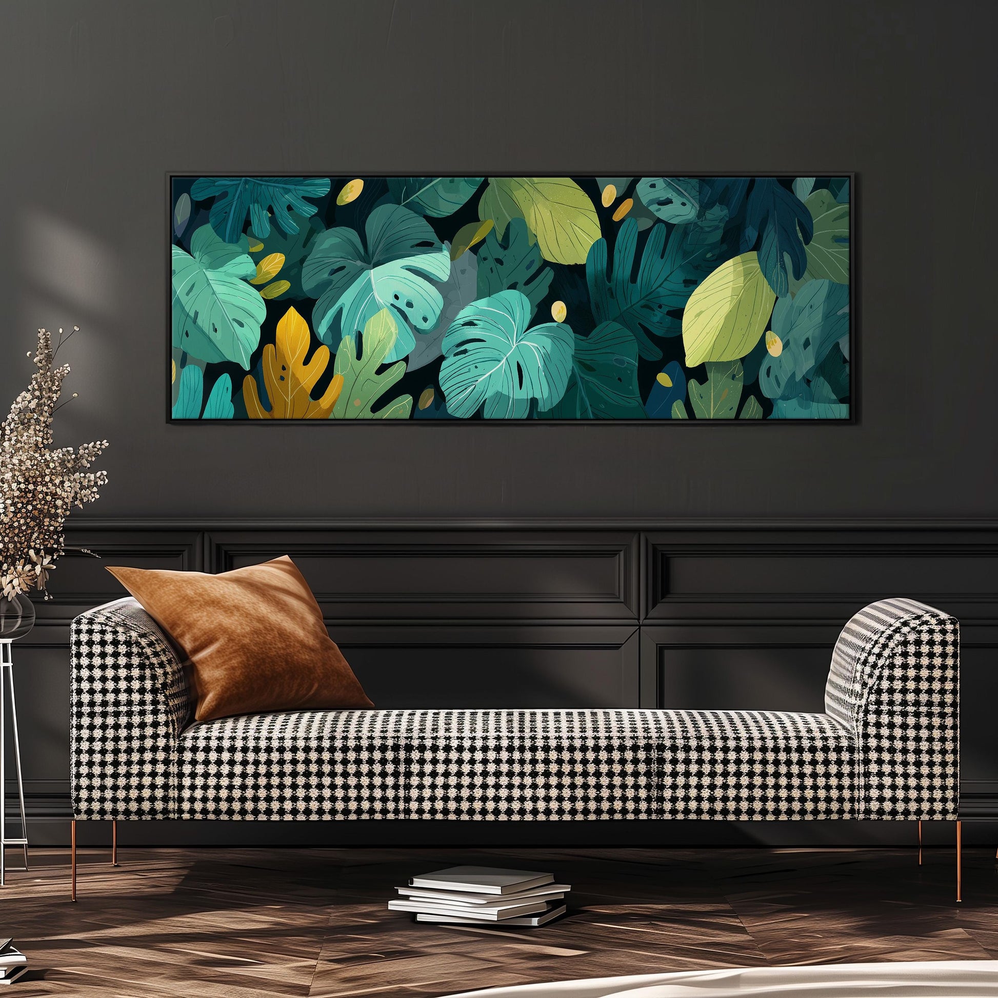 a large, colorful painting of tropical leaves hanging on a wall above a black and white checkered sofa in a living room setting.