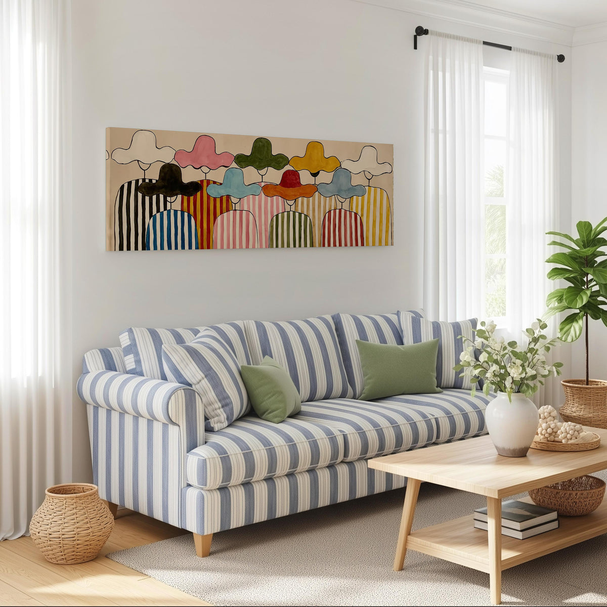 Gathering of figures in straw hats and stripes long horizontal canvas print above a striped sofa in a coastal living room