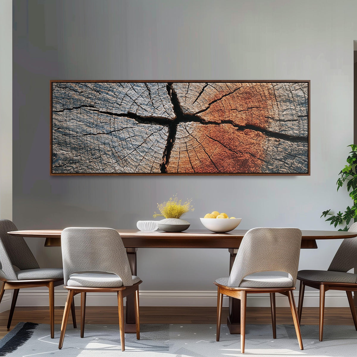 Copper cracked wood grain long horizontal canvas print above a dining table