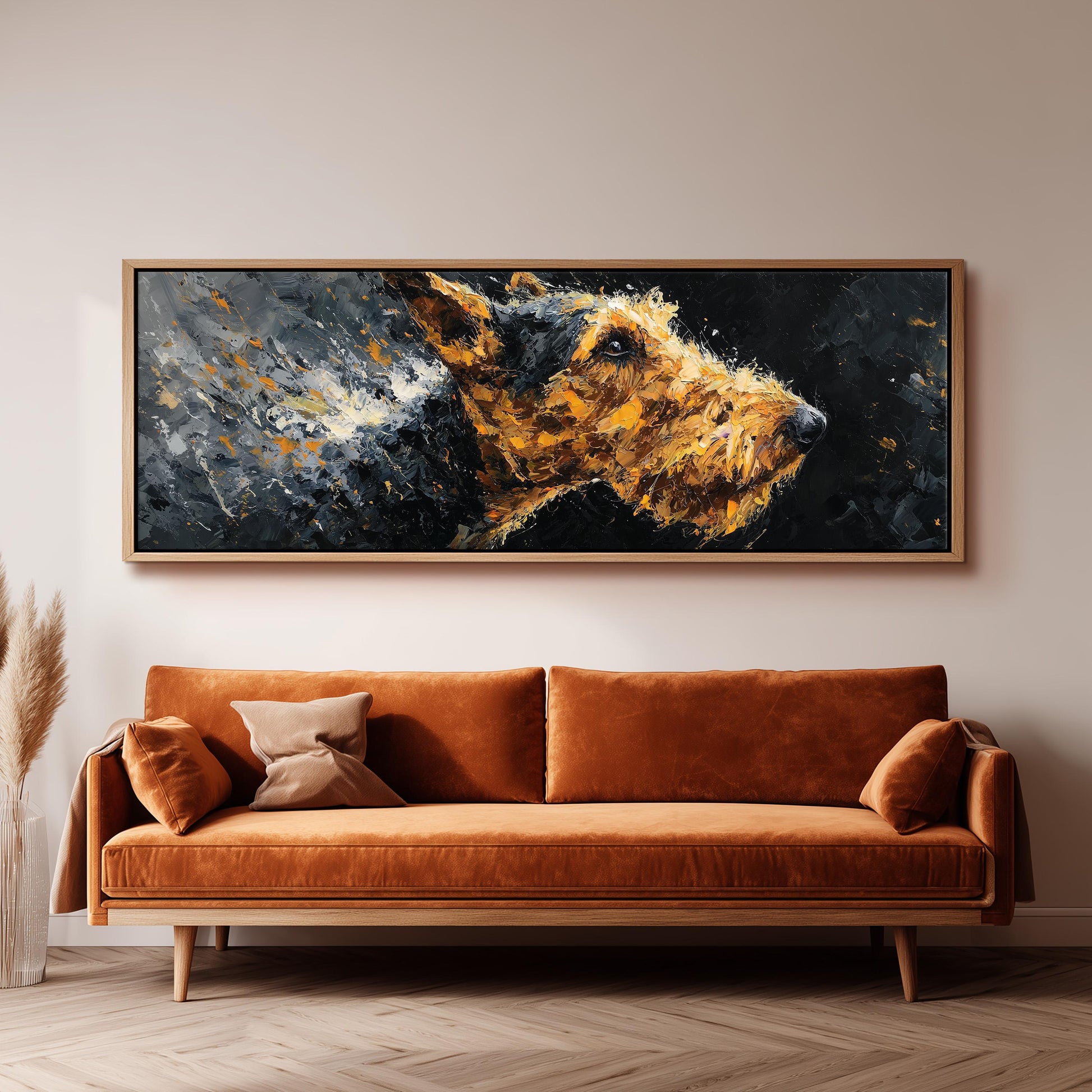 a large, vibrant painting of a dog's head hanging on a wall above a brown sofa.