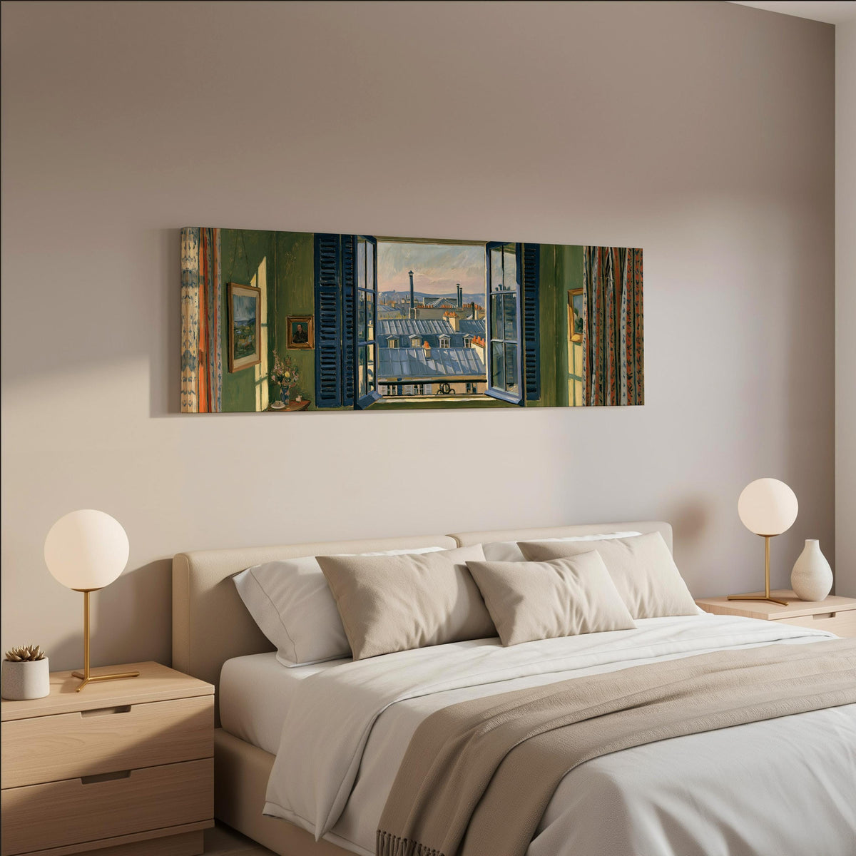 Paris zinc rooftops seen through a green room window wide panoramic canvas print above a bed in a neutral bedroom