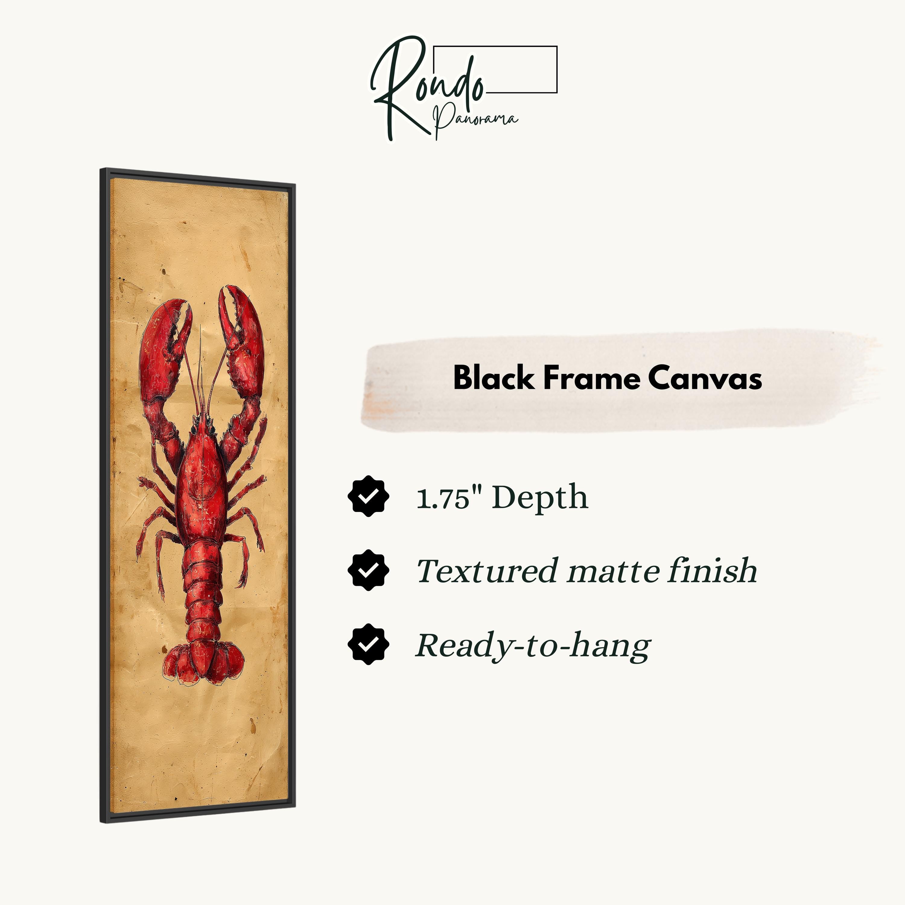 a black frame canvas depicting a red lobster.