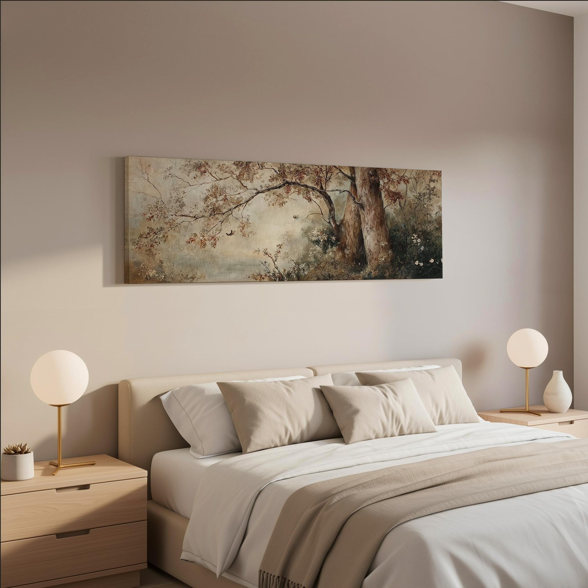 a serene bedroom scene with a large bed adorned with white linens and beige throw pillows. Above the bed, a painting of a tree with a brown trunk and branches is displayed on the wall. The room is decorated with two round table lamps on nightstands, and the overall color scheme is neutral, creating a calm and peaceful atmosphere.