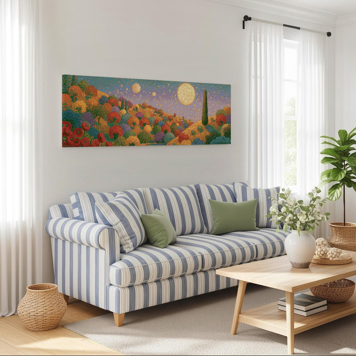 Autumn hillside under glowing moons long horizontal canvas print above a striped sofa in a coastal living room