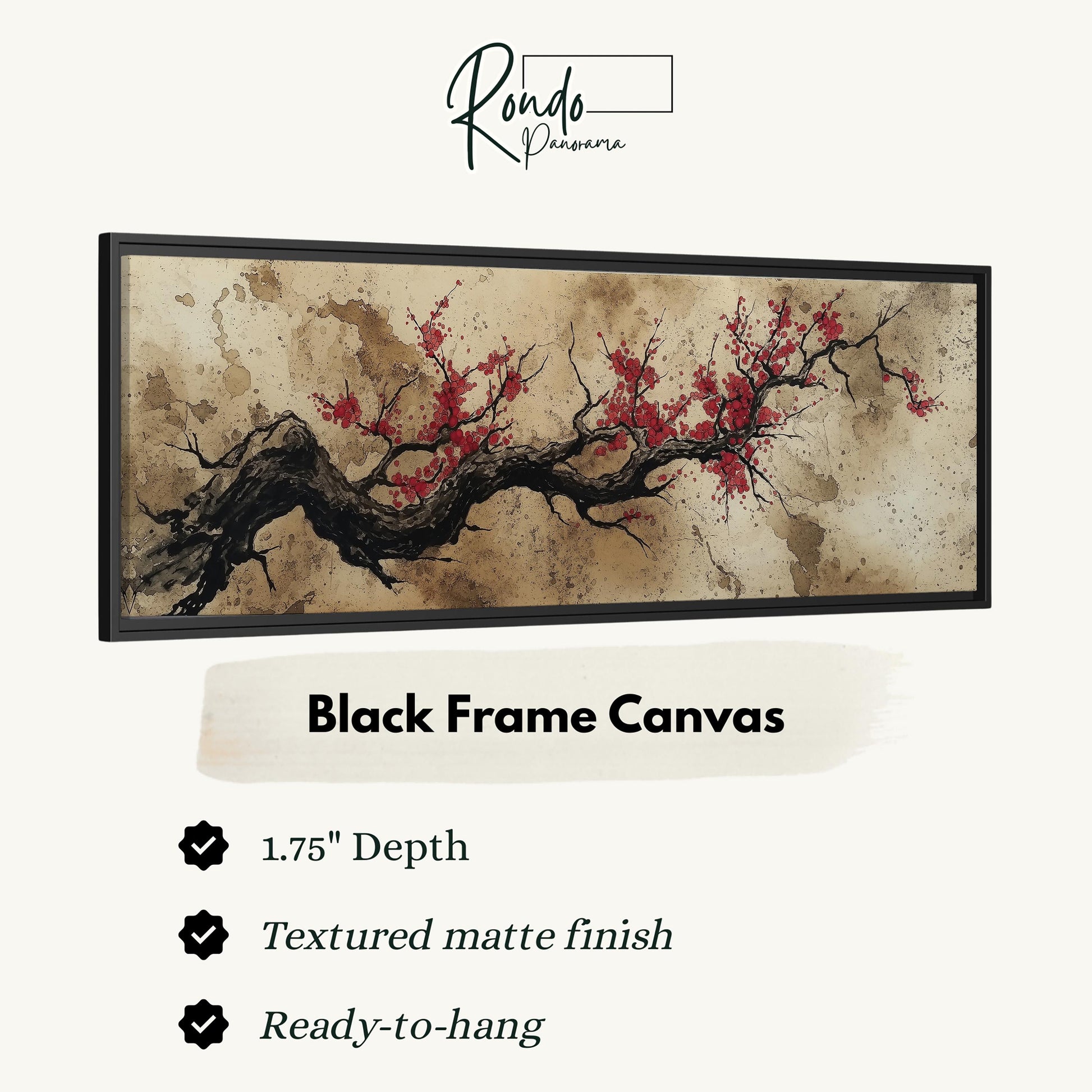 The image is a black frame canvas depicting a branch with red flowers.