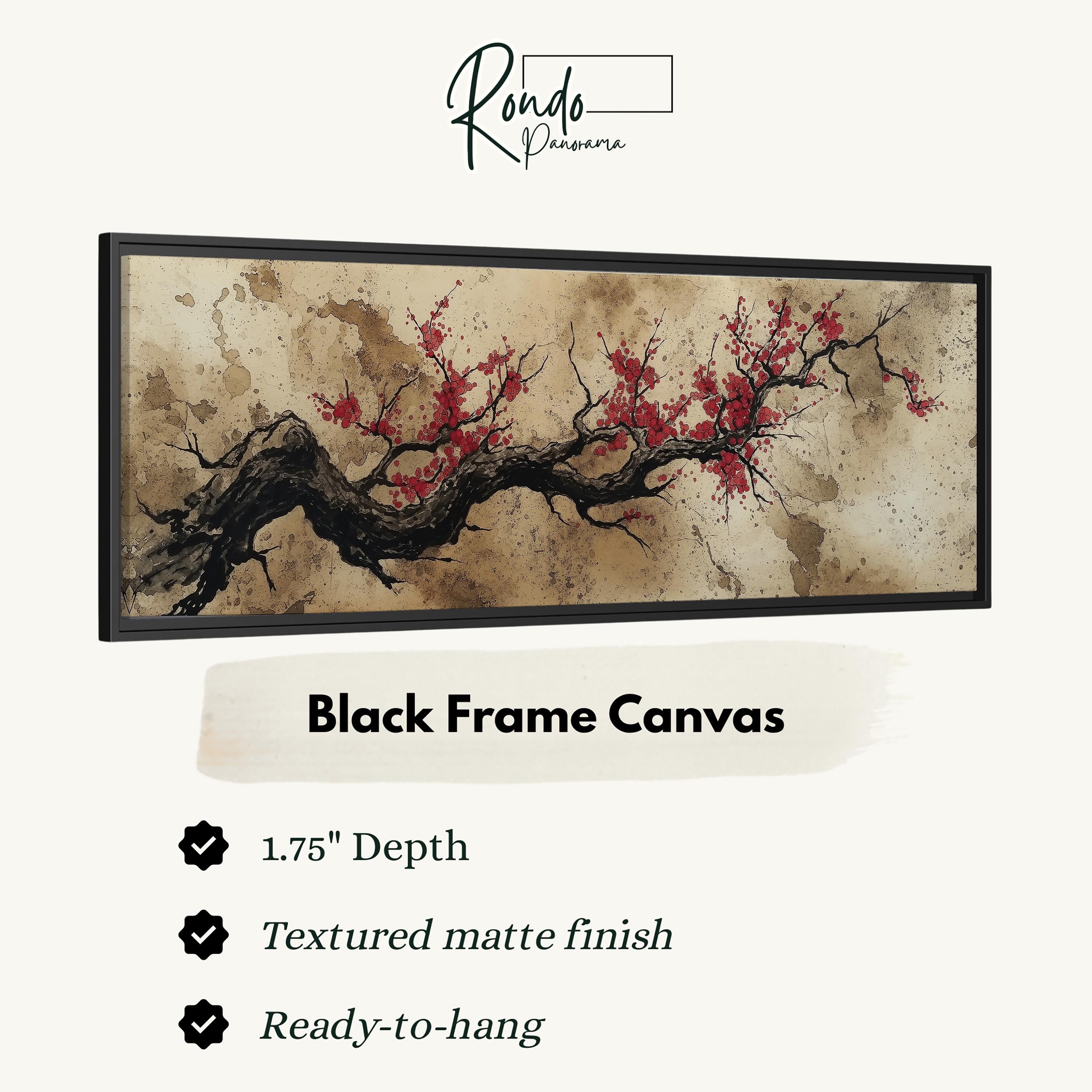 The image is a black frame canvas depicting a branch with red flowers.