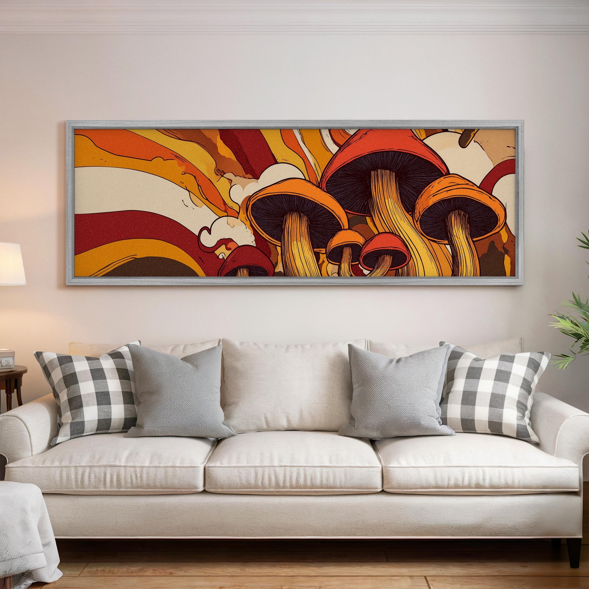 a large, colorful painting of mushrooms hanging on a wall above a white couch in a living room.