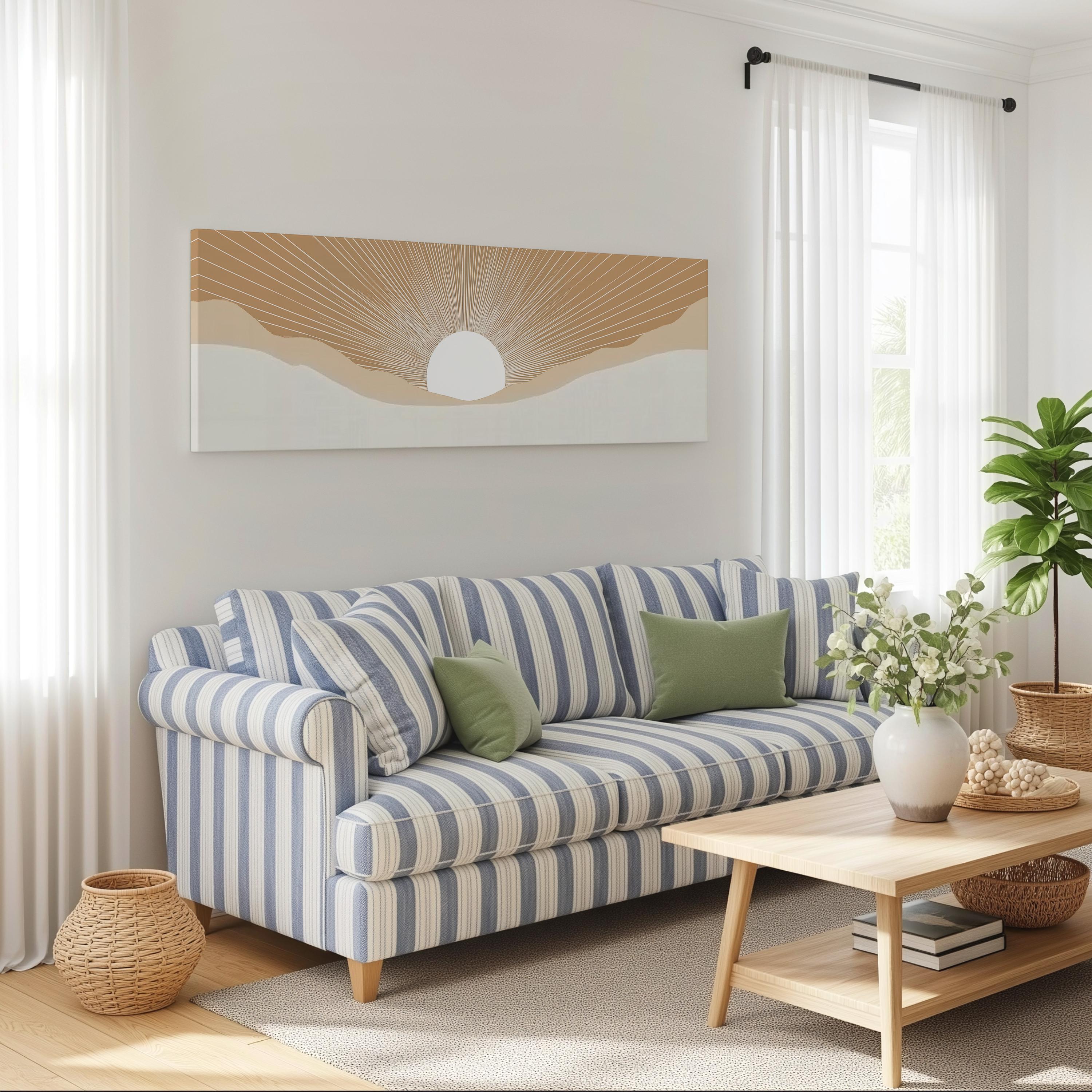 a cozy living room with a striped blue and white sofa, a wooden coffee table, and a large window with white curtains. A painting of a sun is hanging on the wall above the sofa, and there are potted plants and baskets on the coffee table.
