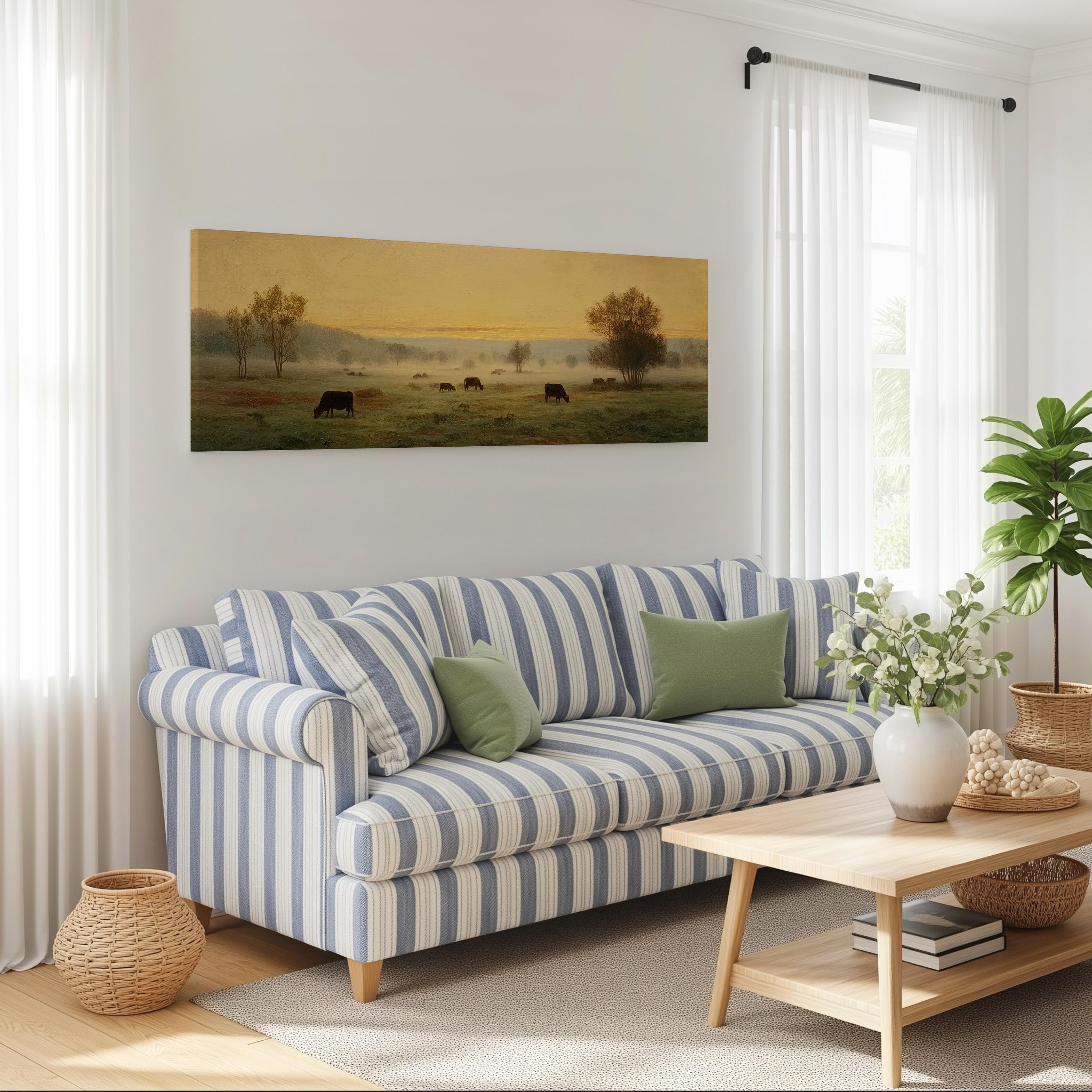 a cozy living room with a striped blue and white sofa, a wooden coffee table, and a large painting of a pastoral landscape hanging on the wall.