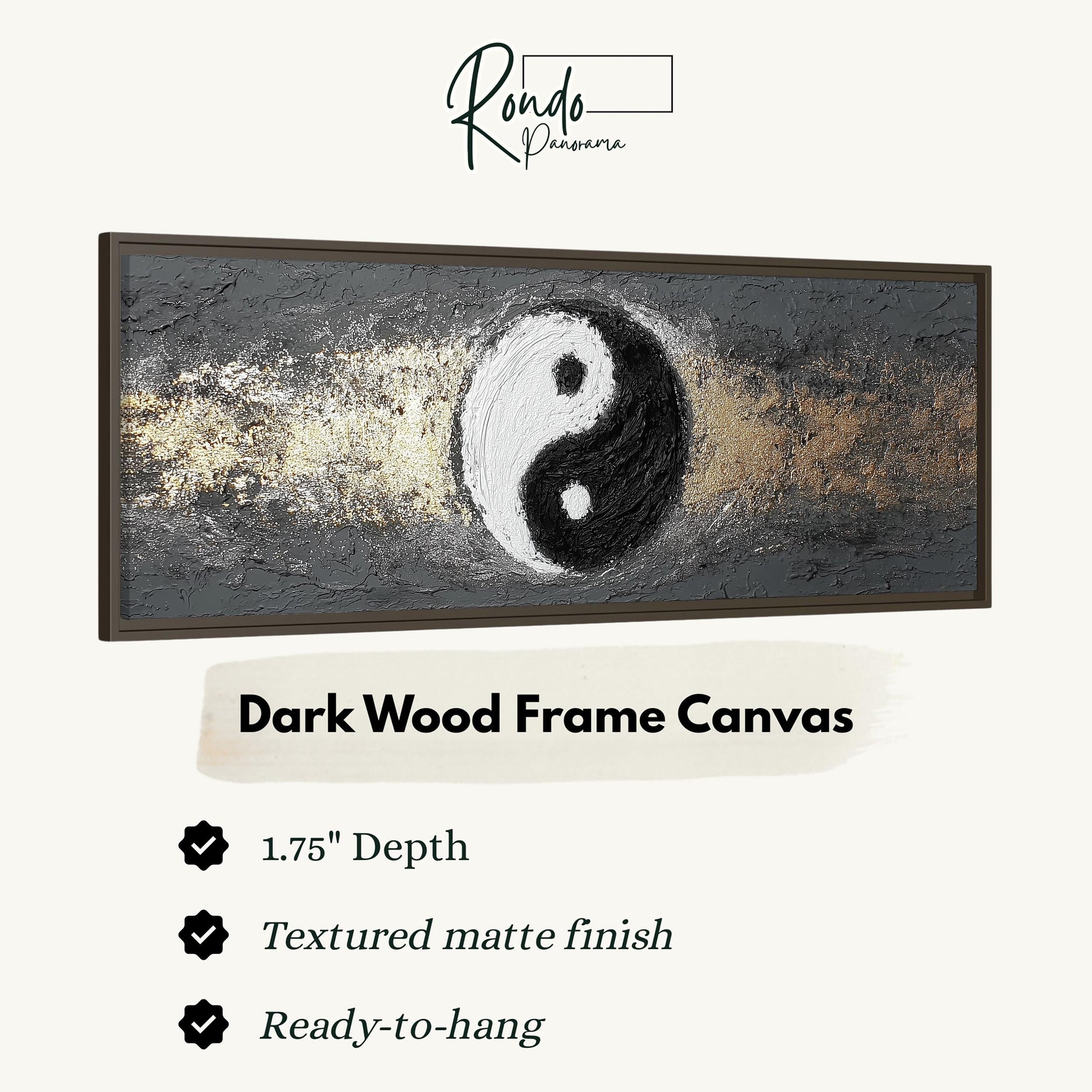 The image is a dark wood frame canvas featuring a black and white yin and yang symbol.
