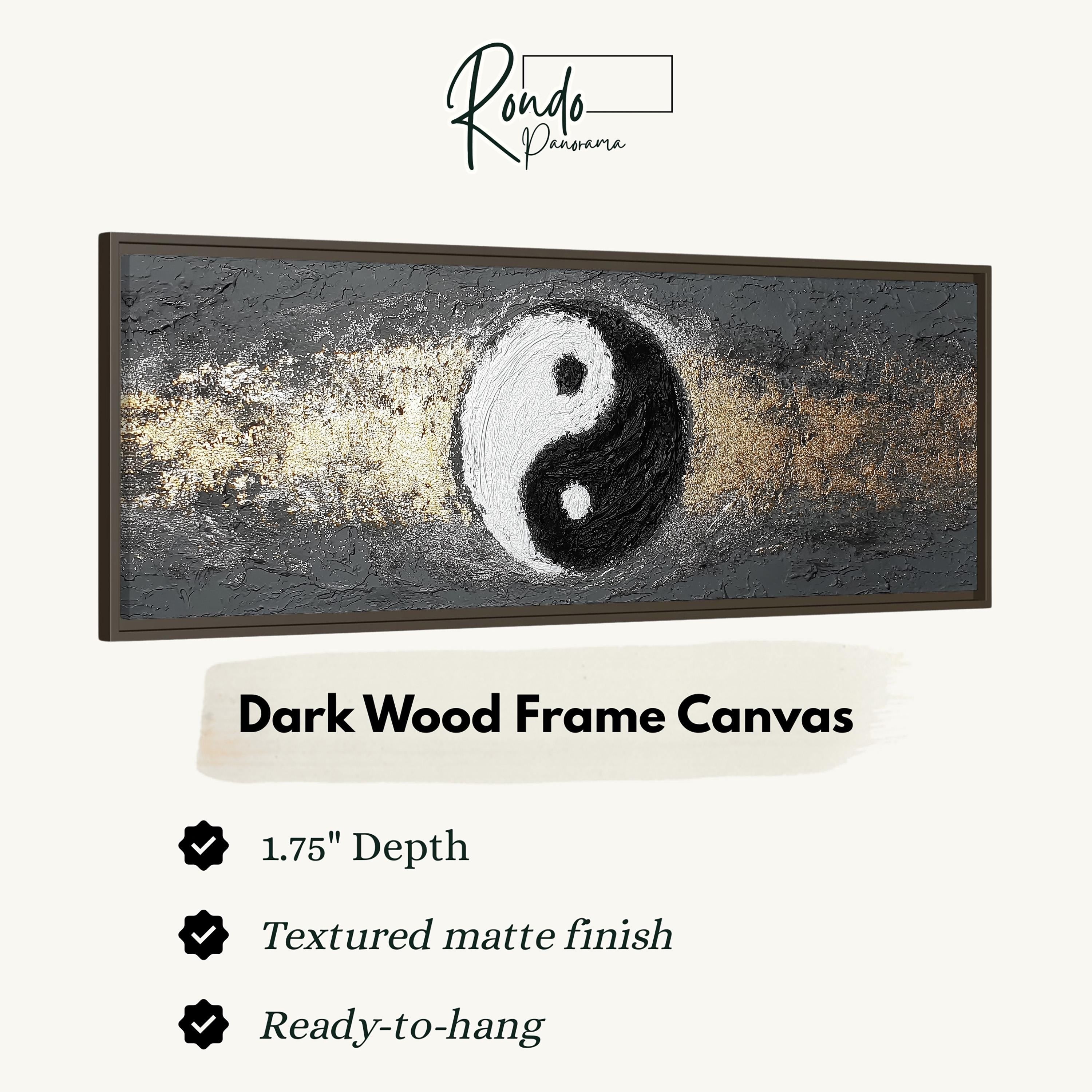 The image is a dark wood frame canvas featuring a black and white yin and yang symbol.