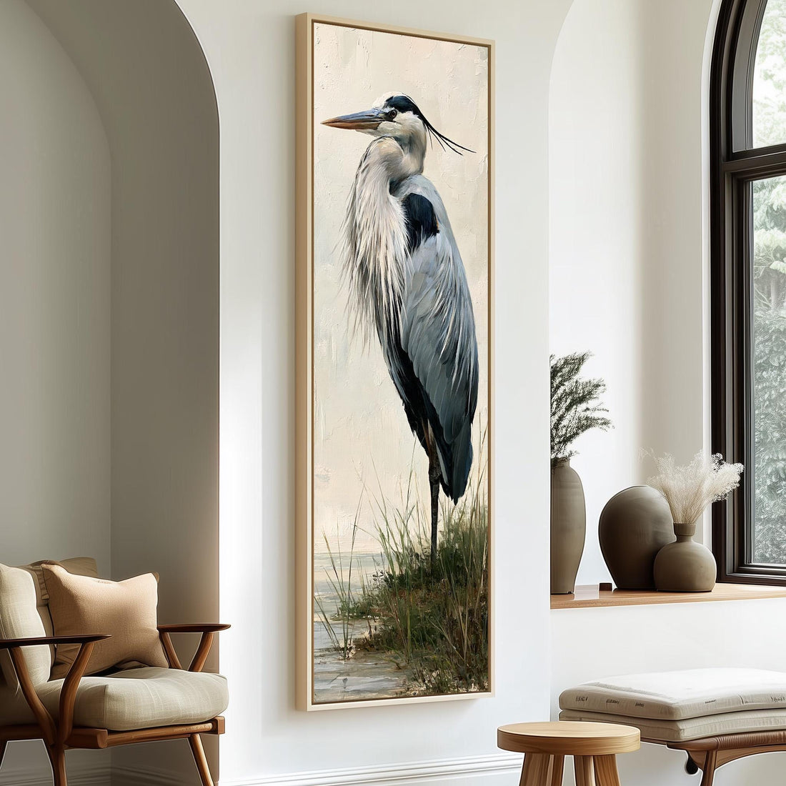 Great blue heron portrait on cream long vertical canvas print in a sunlit living space