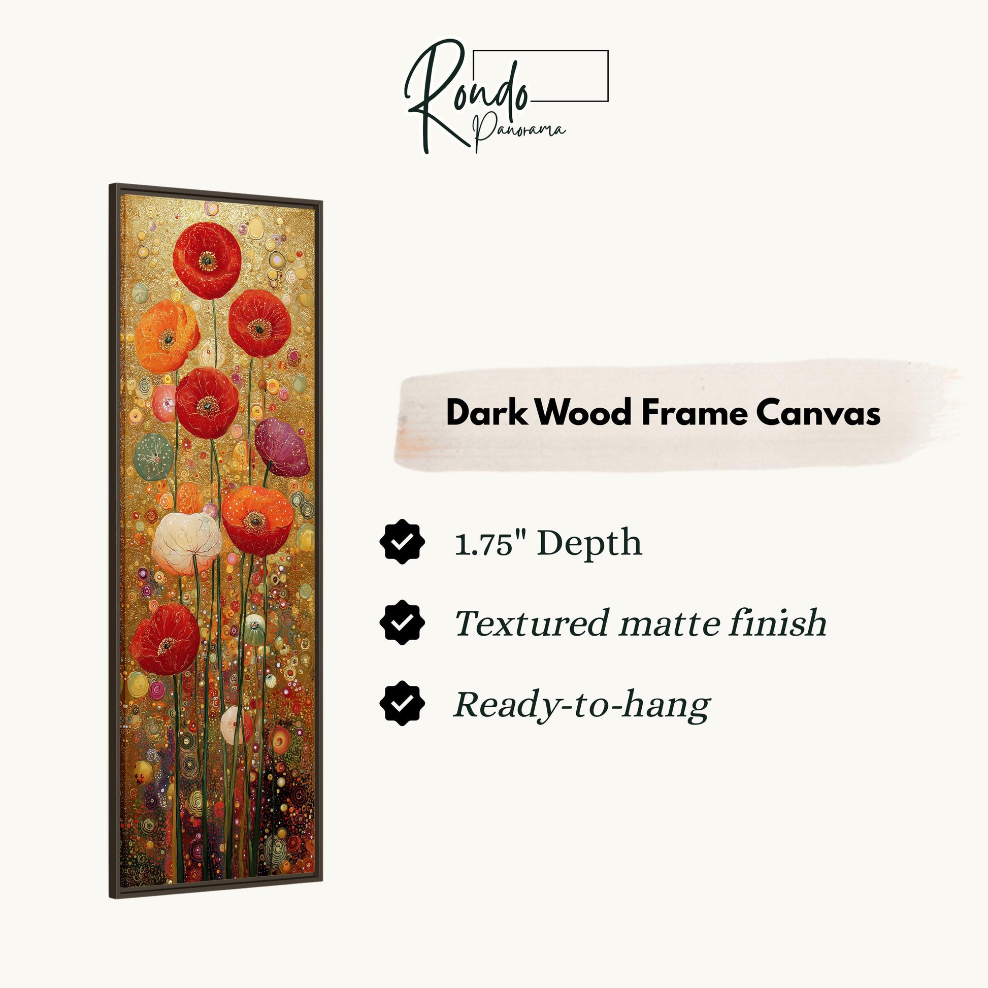 The image is a rectangular dark wood frame canvas with a vibrant floral design featuring red and orange flowers. The canvas has a 1.75" depth, a textured matte finish, and is ready to hang.